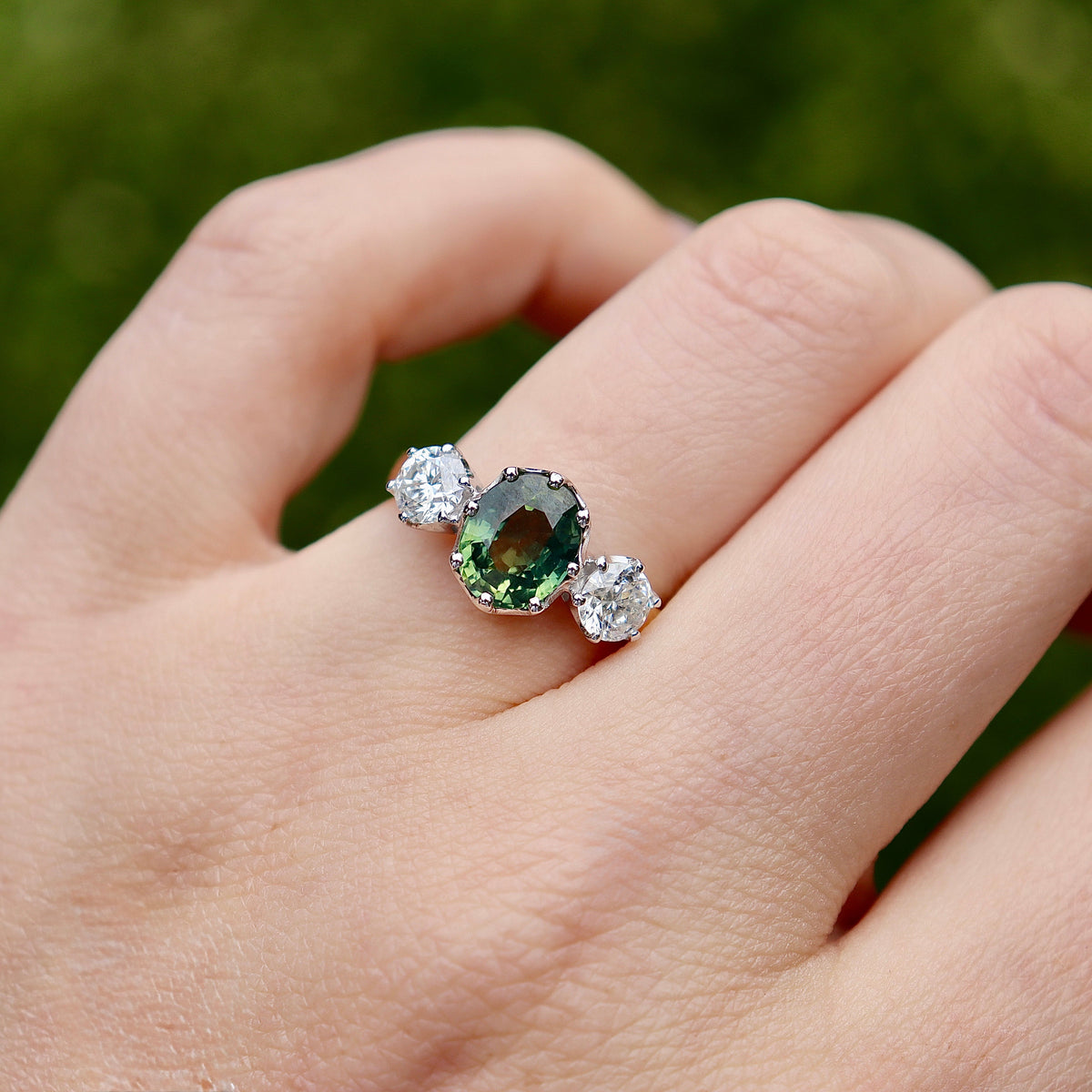 18ct Yellow and White Gold 3 Stone Green Sapphire and Diamond Ring