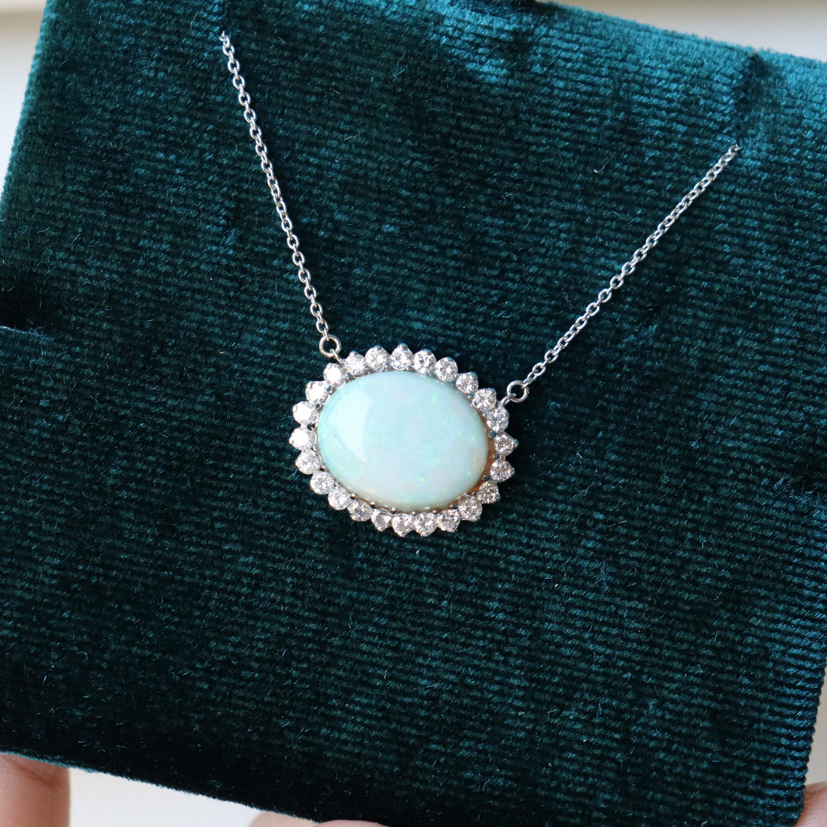 14ct White Gold Opal and Diamond Halo Necklace