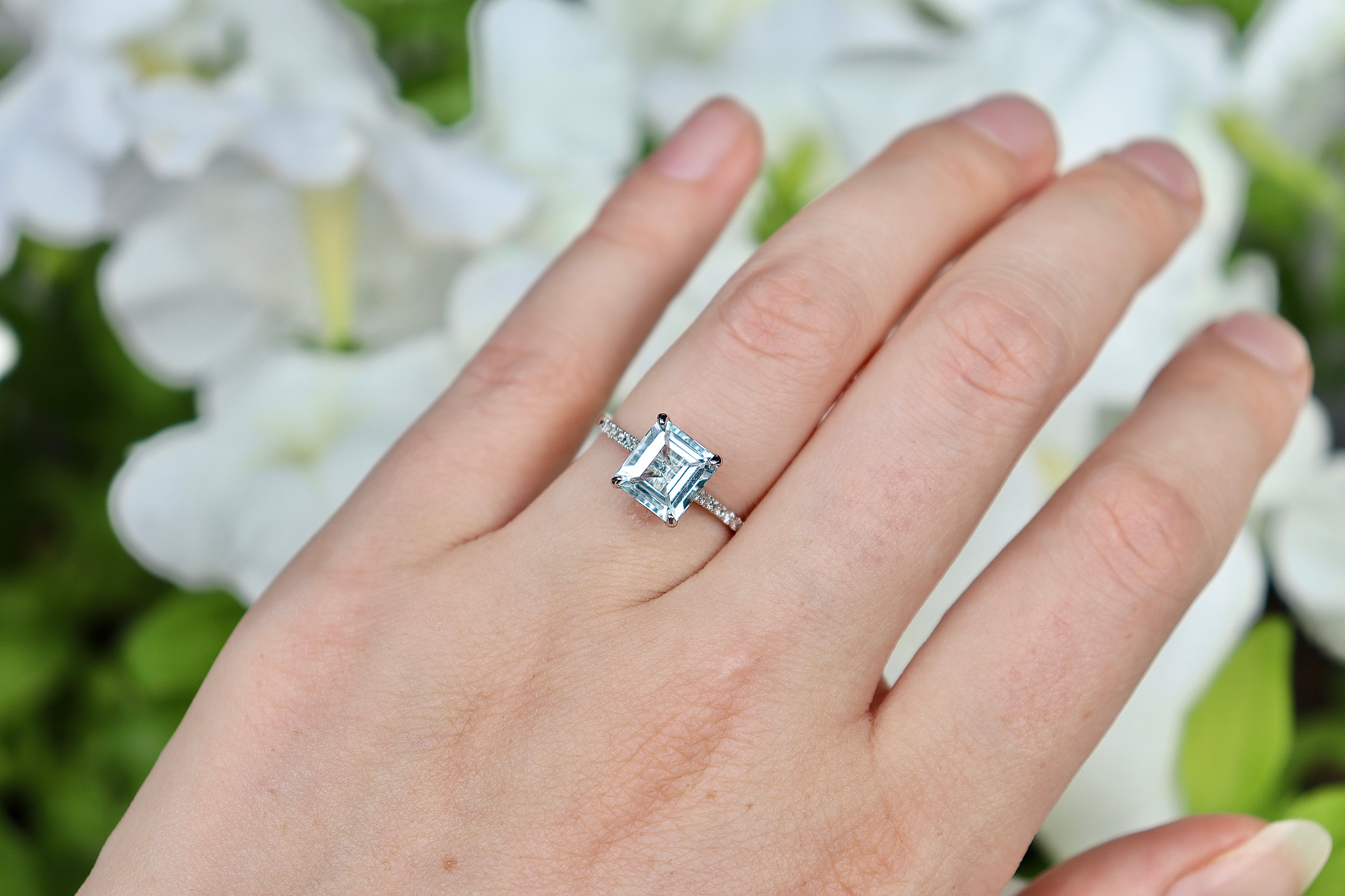 Platinum Square Aquamarine and Diamond Solitaire Ring