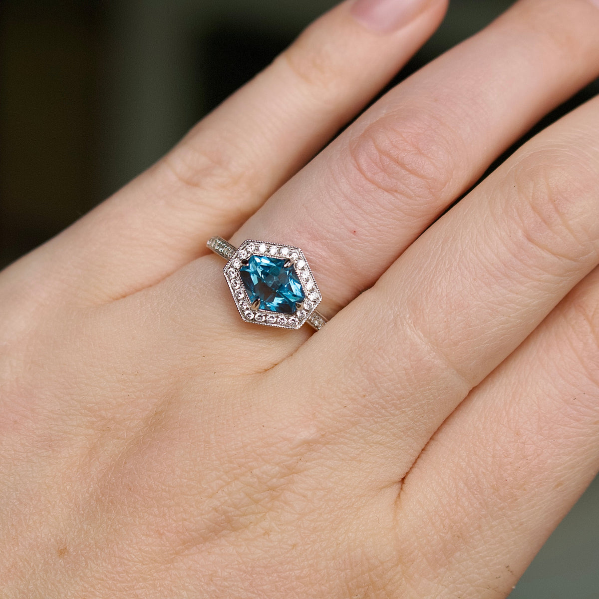 18ct White Gold Fancy Cut Topaz and Diamond Hexagon Halo Ring