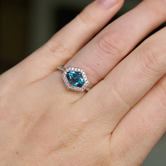 18ct White Gold Fancy Cut Topaz and Diamond Hexagon Halo Ring