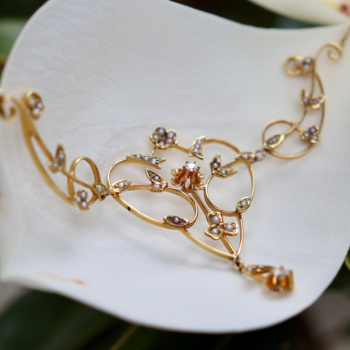 15ct Yellow Gold Antique Pearl and Diamond Art Nouveau Necklace