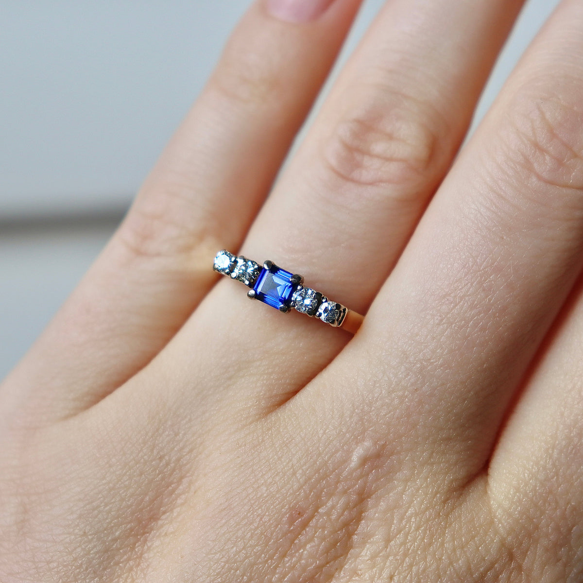 9ct Yellow and White Gold Square Sapphire and Diamond 5 Stone Ring