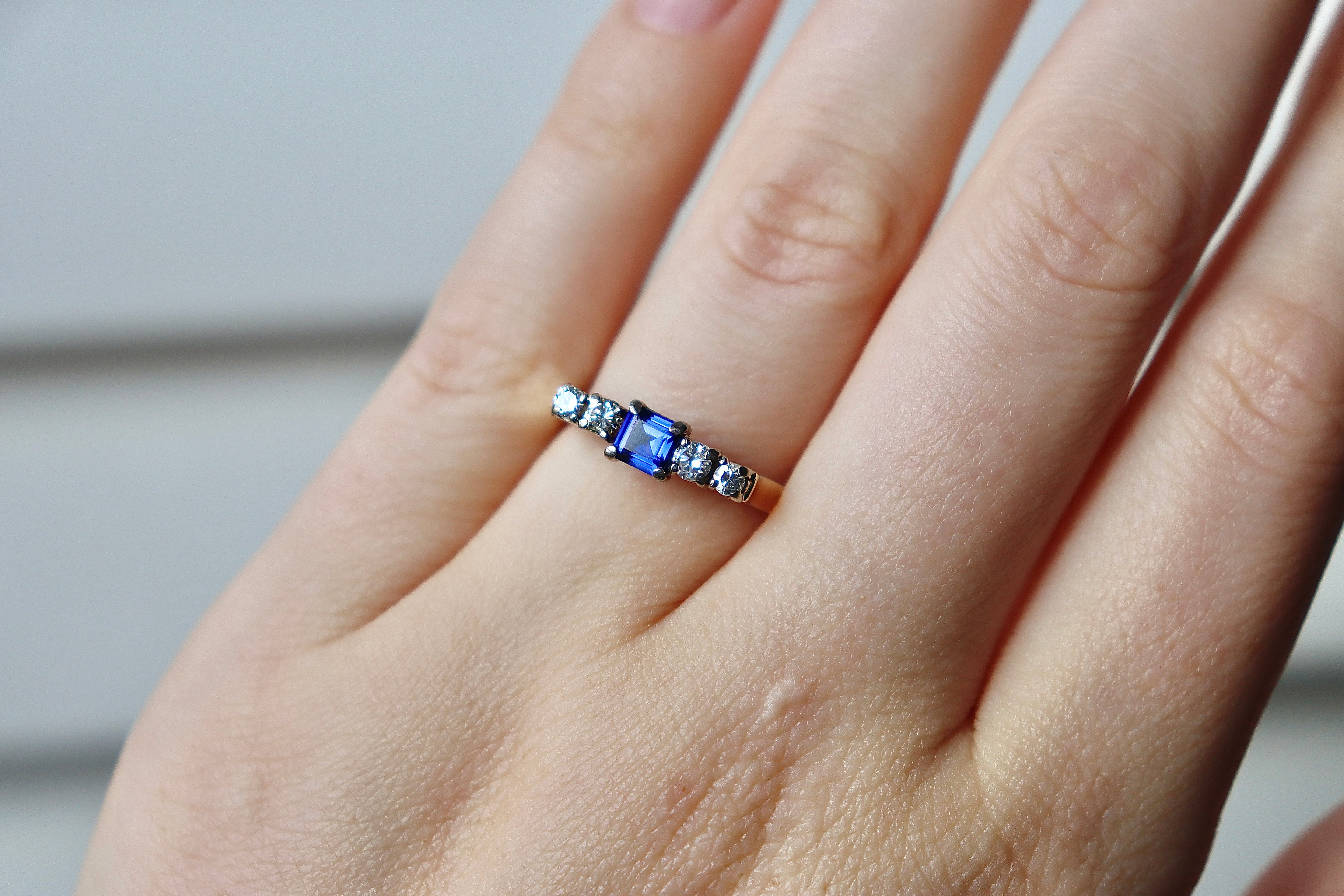 9ct Yellow and White Gold Square Sapphire and Diamond 5 Stone Ring