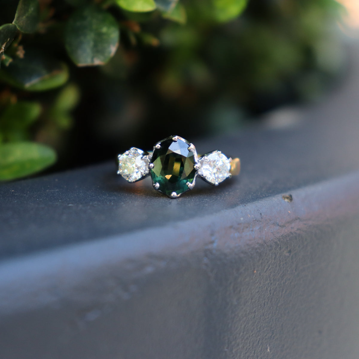 18ct Yellow and White Gold Green Sapphire and Diamond Vintage Style 3 Stone Ring