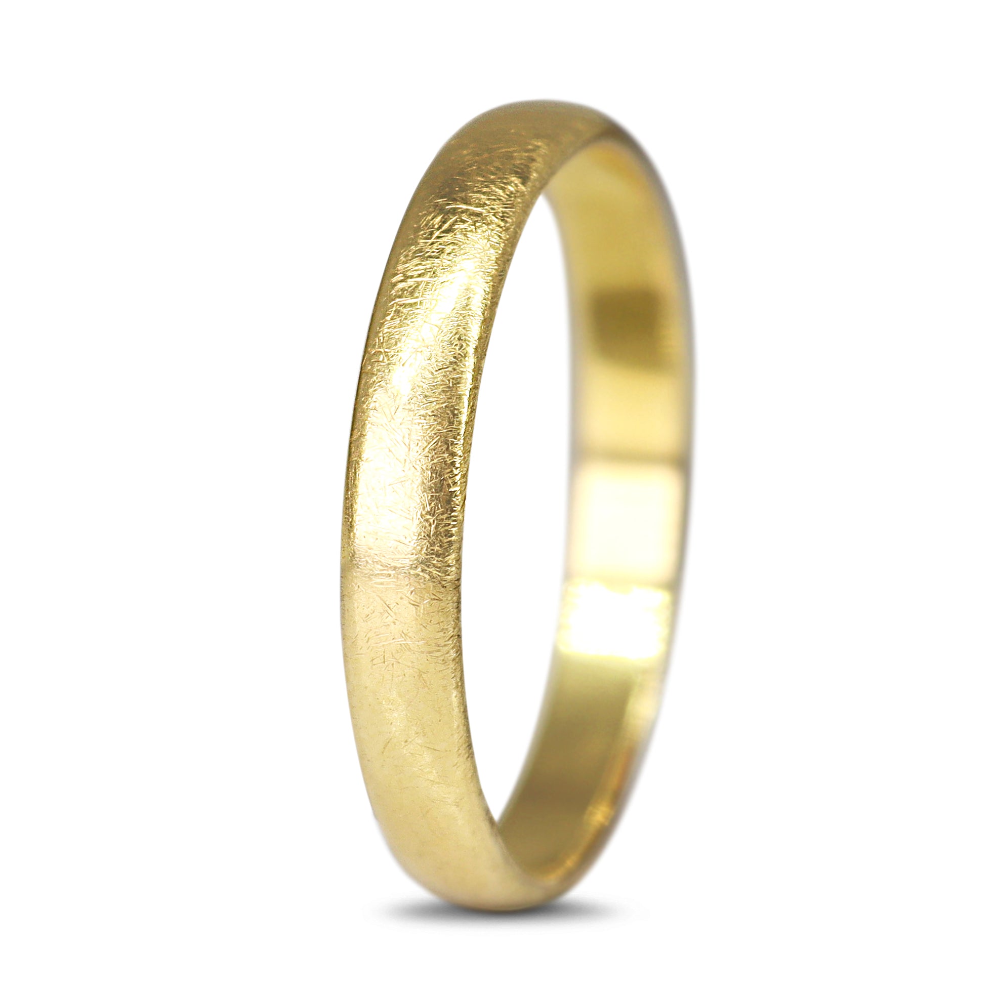 9ct yellow gold plain 3mm wedding band with polished finish displayed from a top view