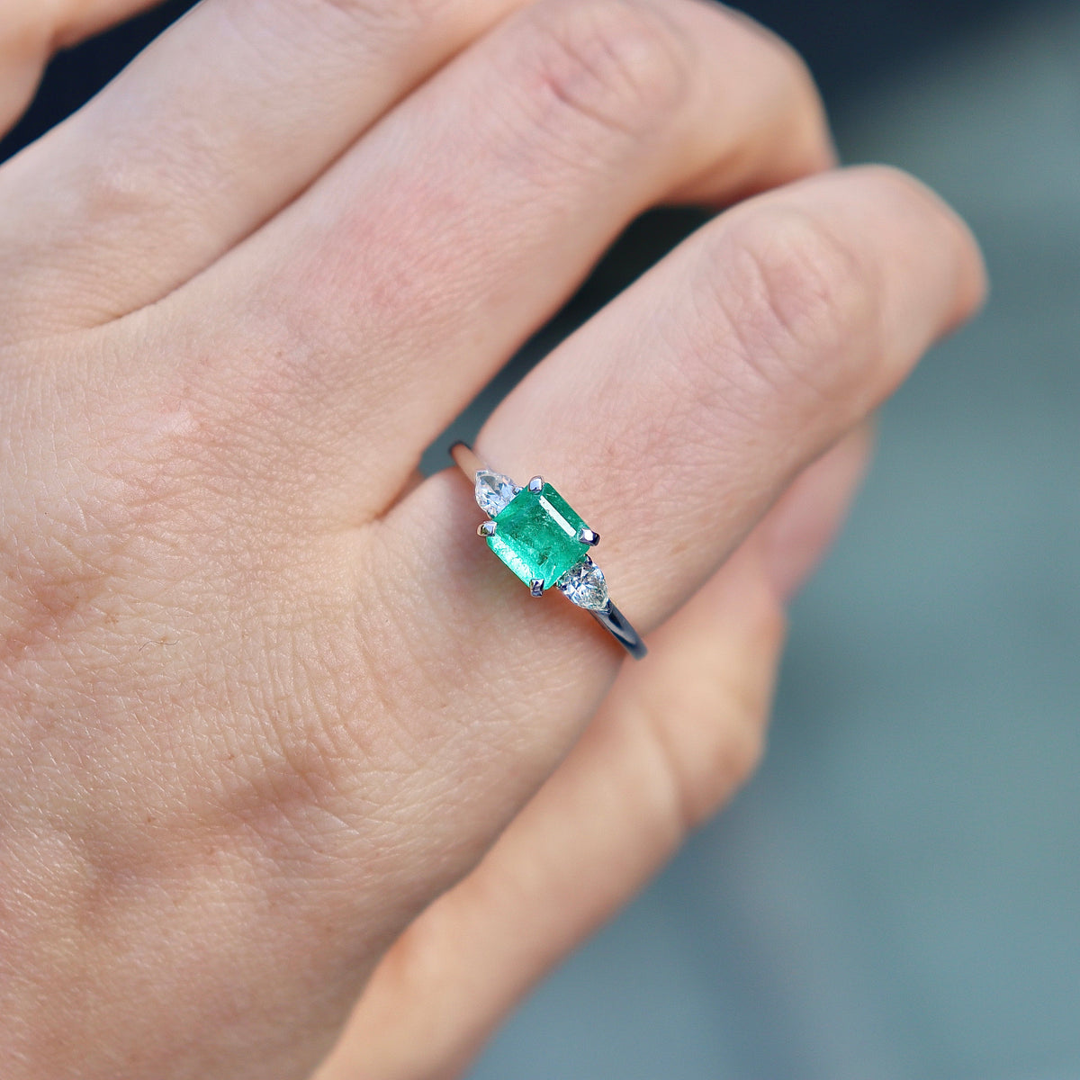 14ct White Gold Emerald and Pear Diamond 3 Stone Ring