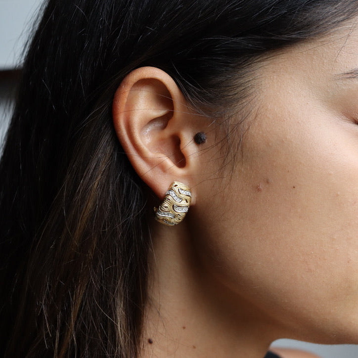 14ct Yellow and White Gold Diamond Swirl Engraved Earrings