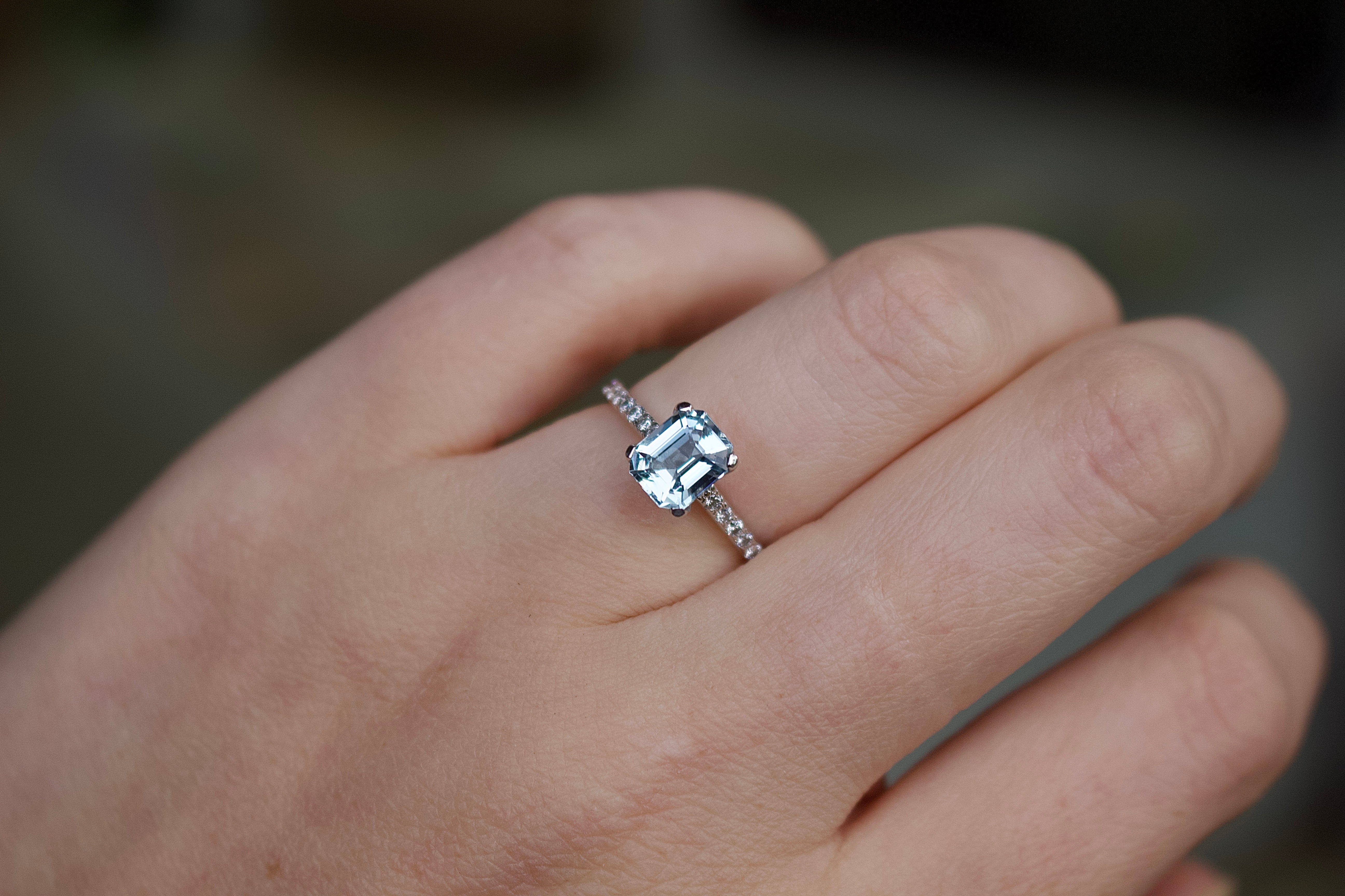 18ct White Gold Emerald Cut Aquamarine and Diamond Solitaire Ring