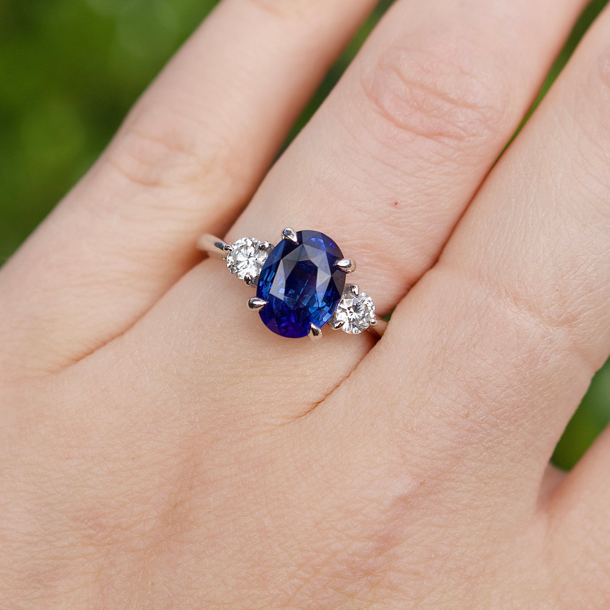 18ct White Gold Oval Sapphire and Diamond 3 Stone Ring