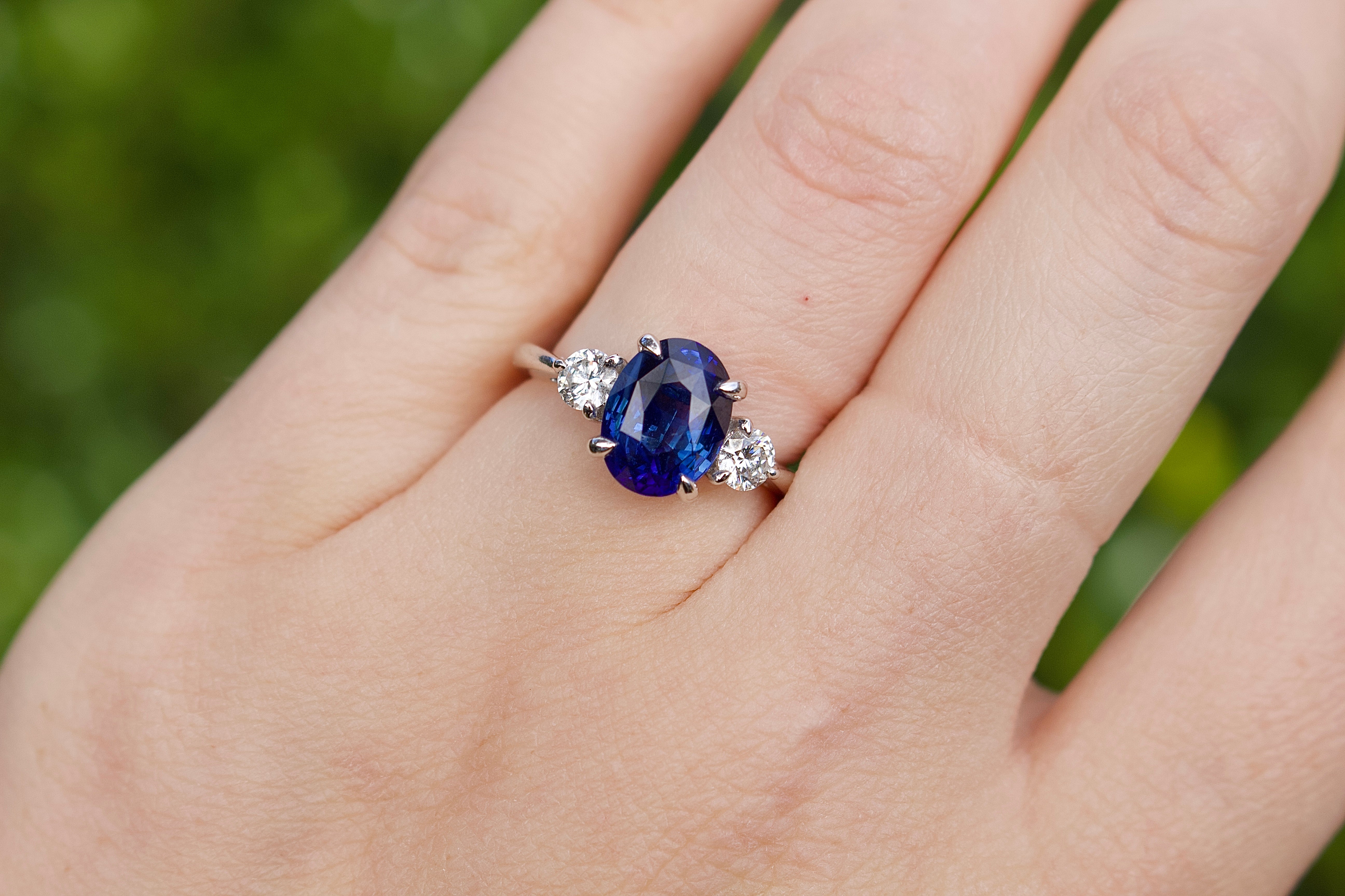 18ct White Gold Oval Sapphire and Diamond 3 Stone Ring