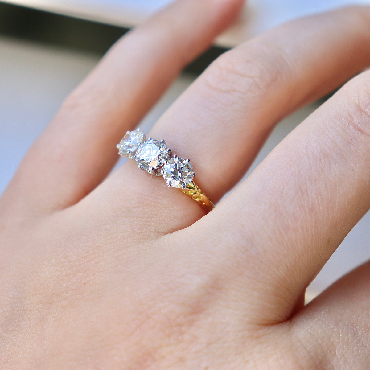 18ct Yellow and White Gold 3 Stone Ring With Etched Shoulders