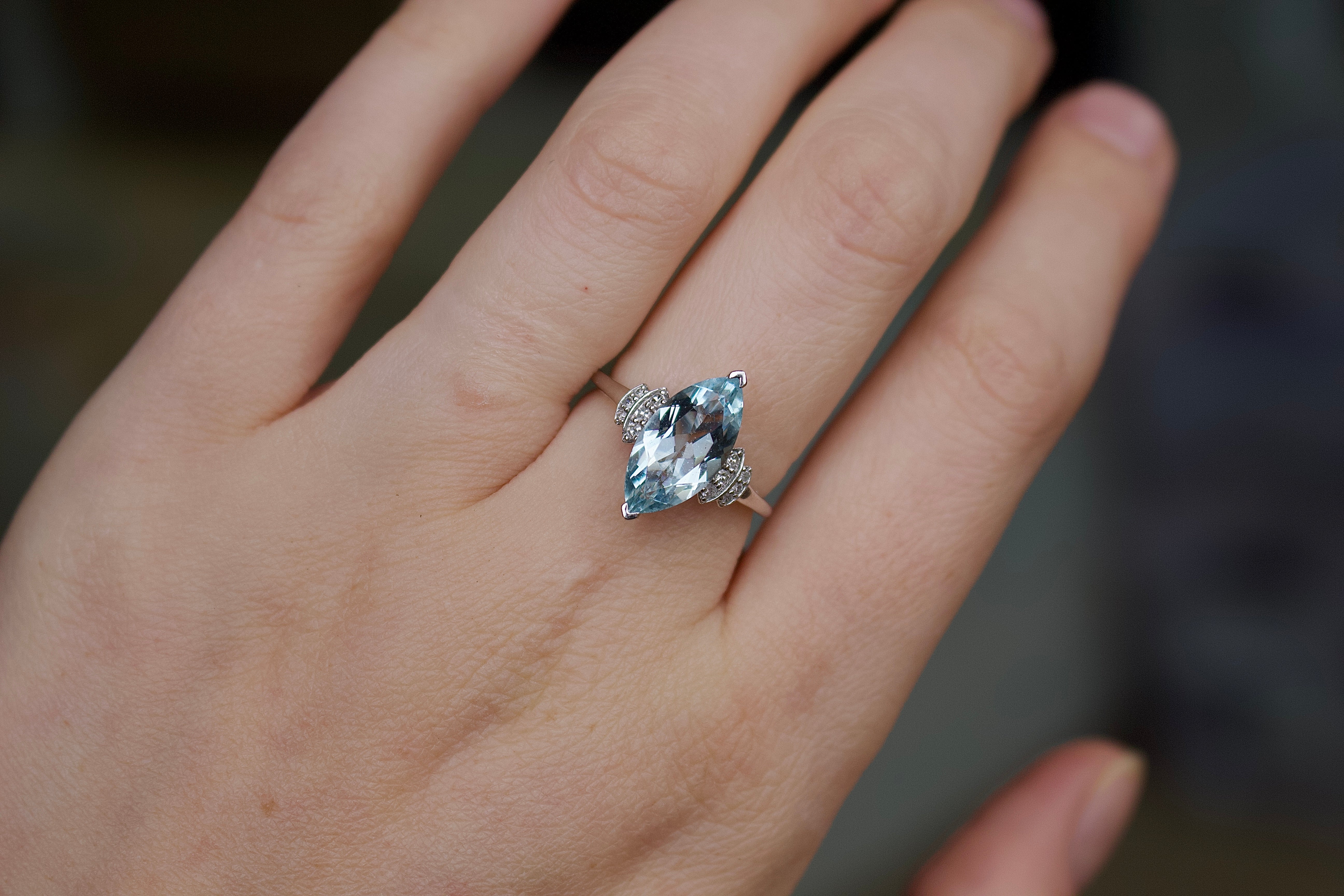 9ct White Gold Aquamarine and Step Down Diamond Ring