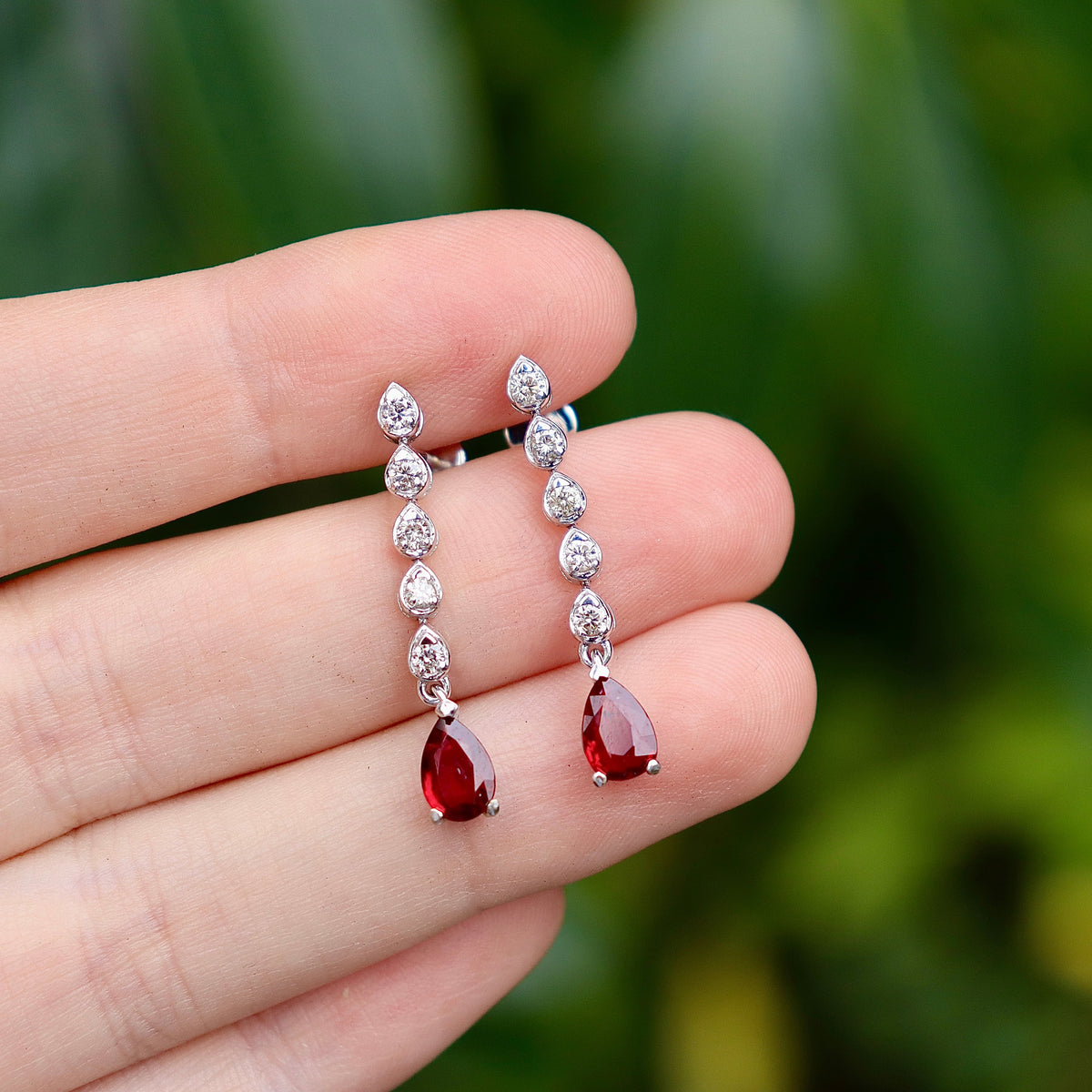 18ct White Gold Ruby and Diamond Drop Earrings
