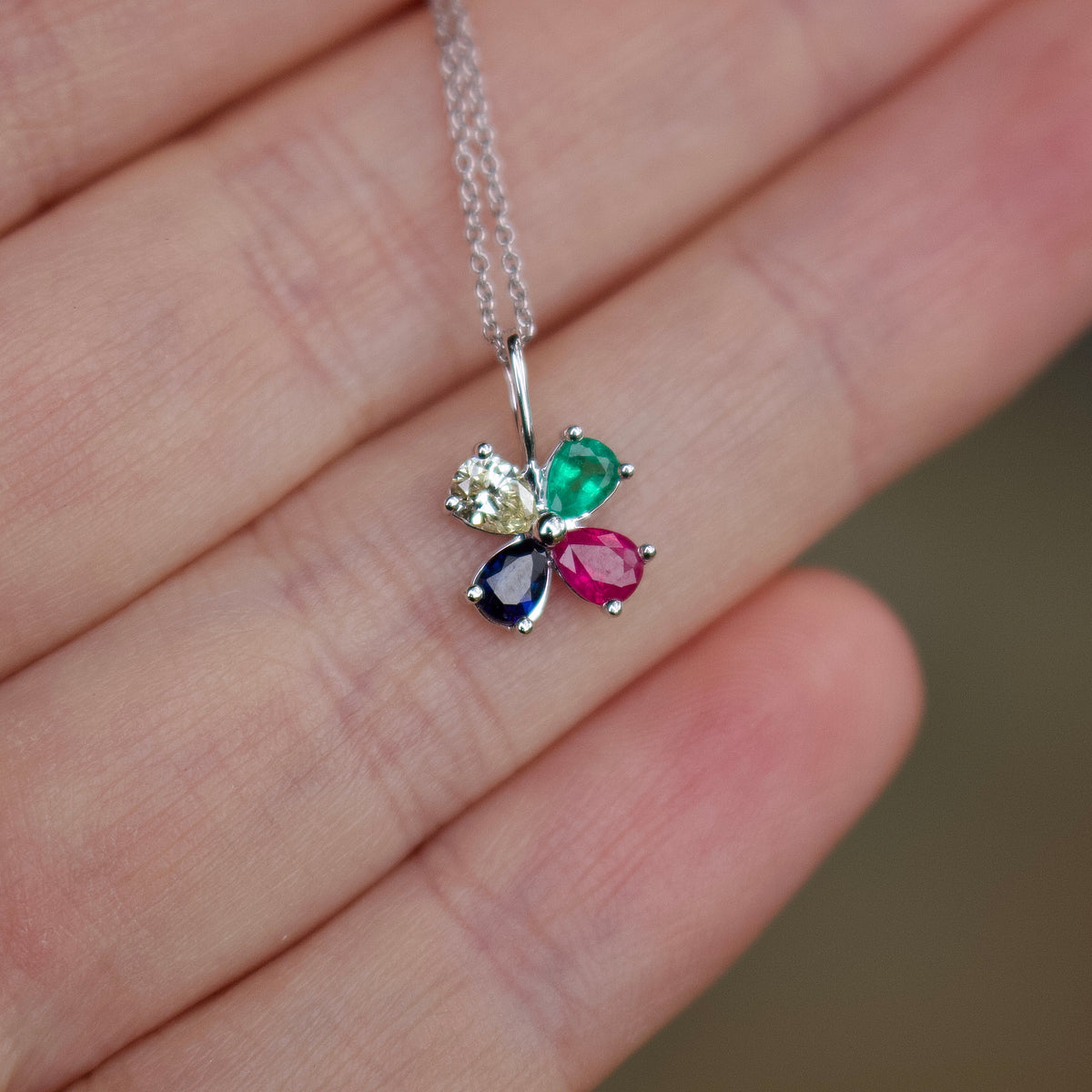 18ct White Gold Sapphire, Emerald, Diamond, Ruby Clover Necklace