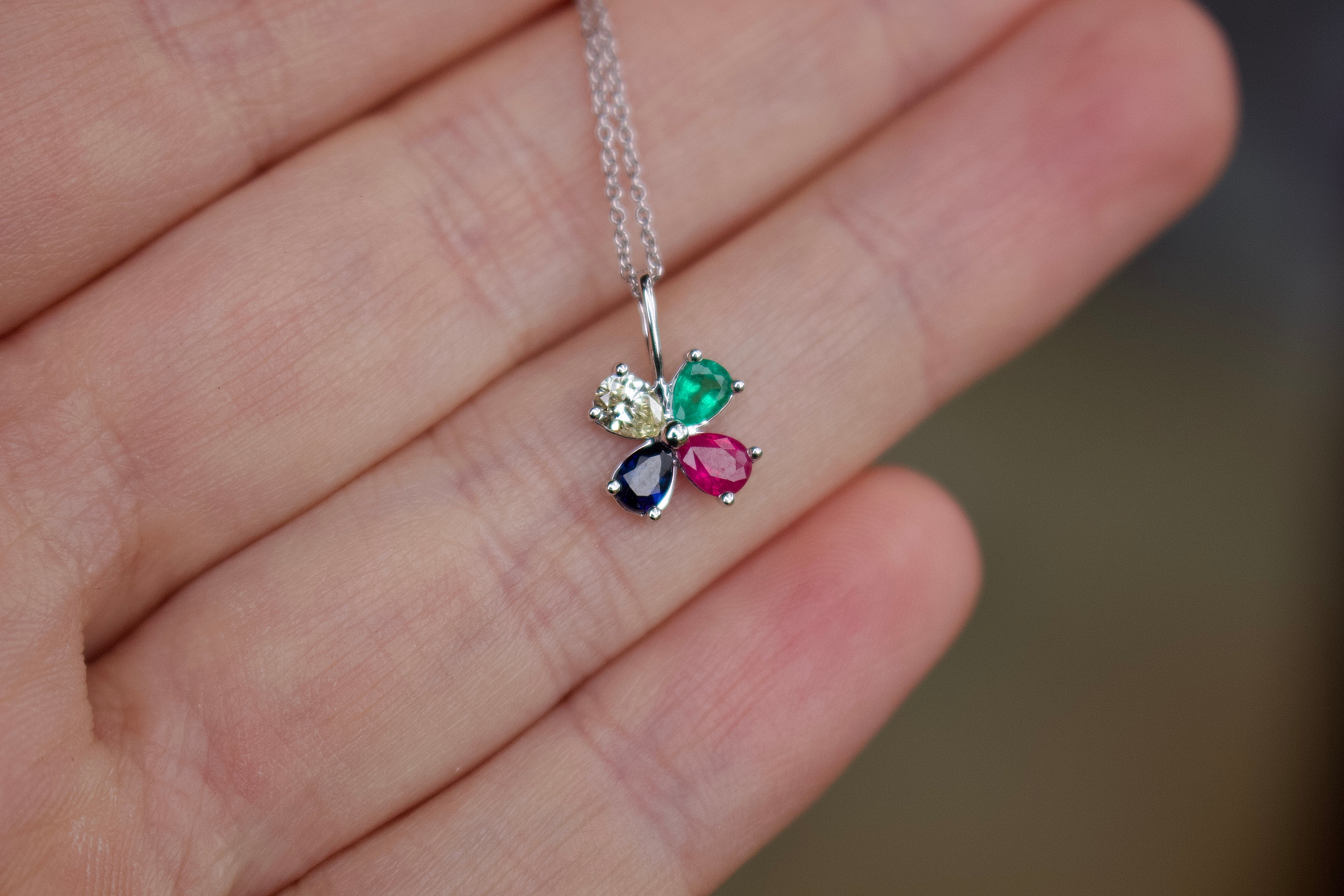 18ct White Gold Sapphire, Emerald, Diamond, Ruby Clover Necklace