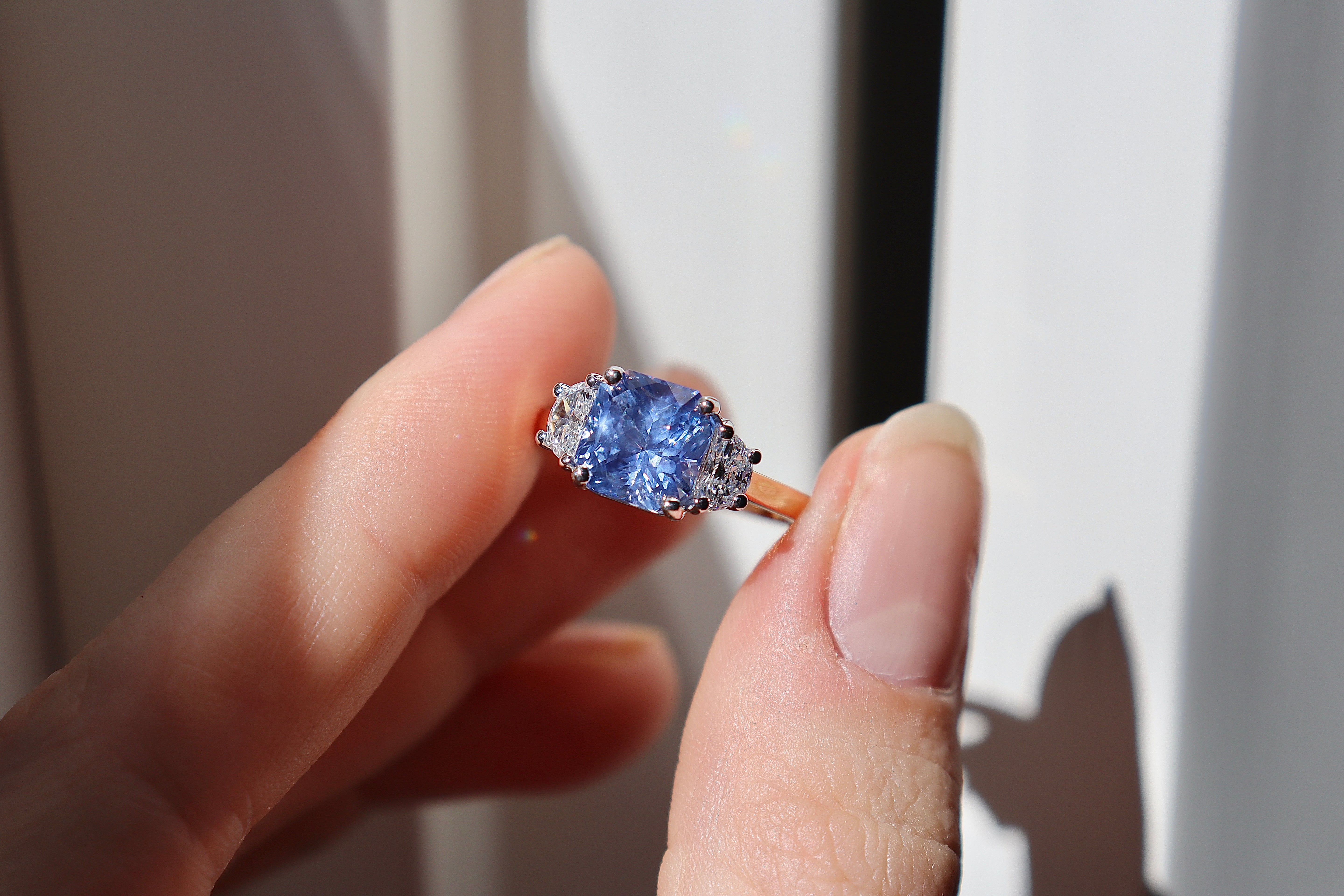 18ct Yellow and White Gold Colour Change Violet - Blue Sapphire and Half Moon Diamond 3 Stone Ring