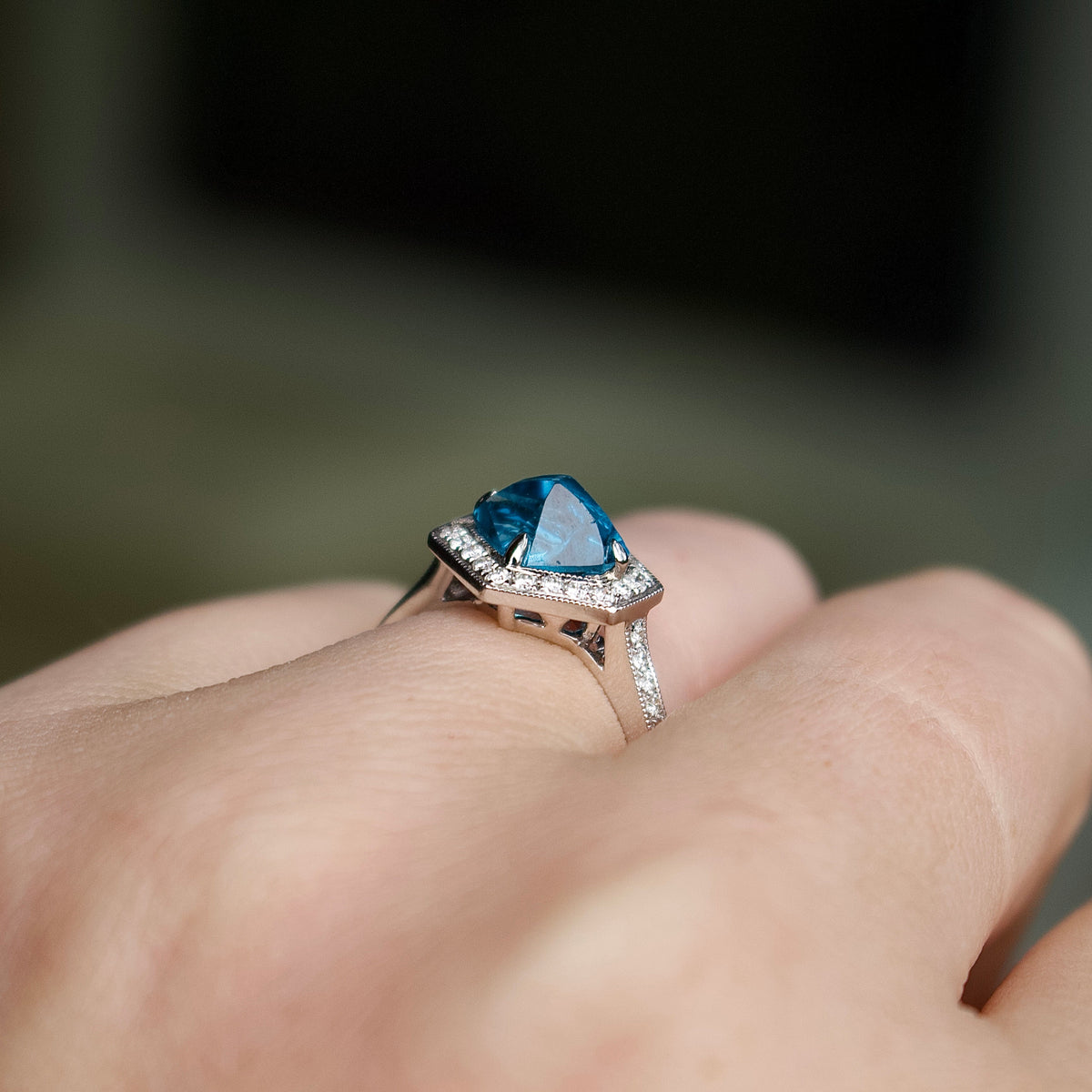 18ct White Gold Fancy Cut Topaz and Diamond Hexagon Halo Ring