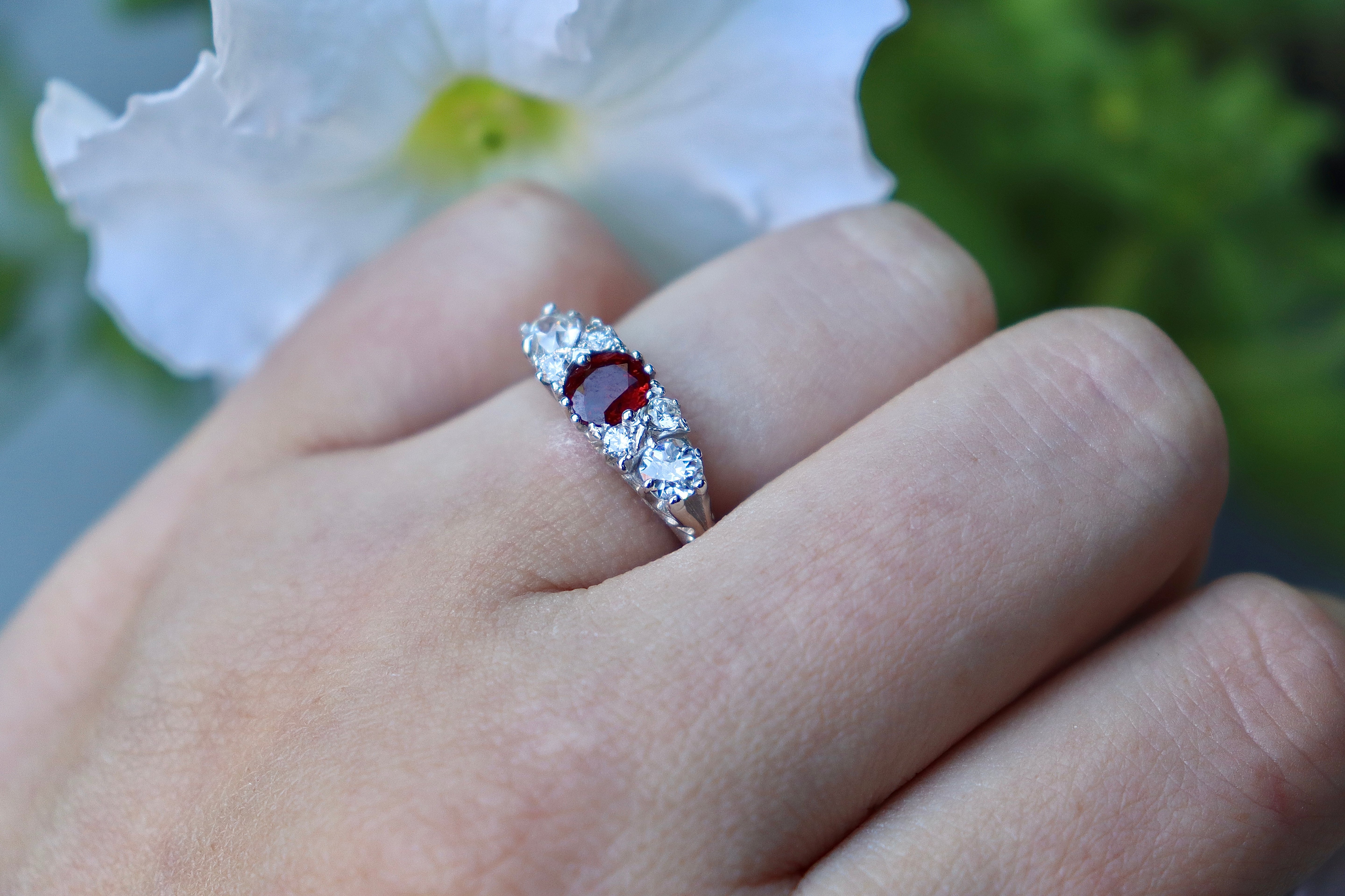 18ct White Gold Ruby and Old Cut Diamond Victorian Style Ring
