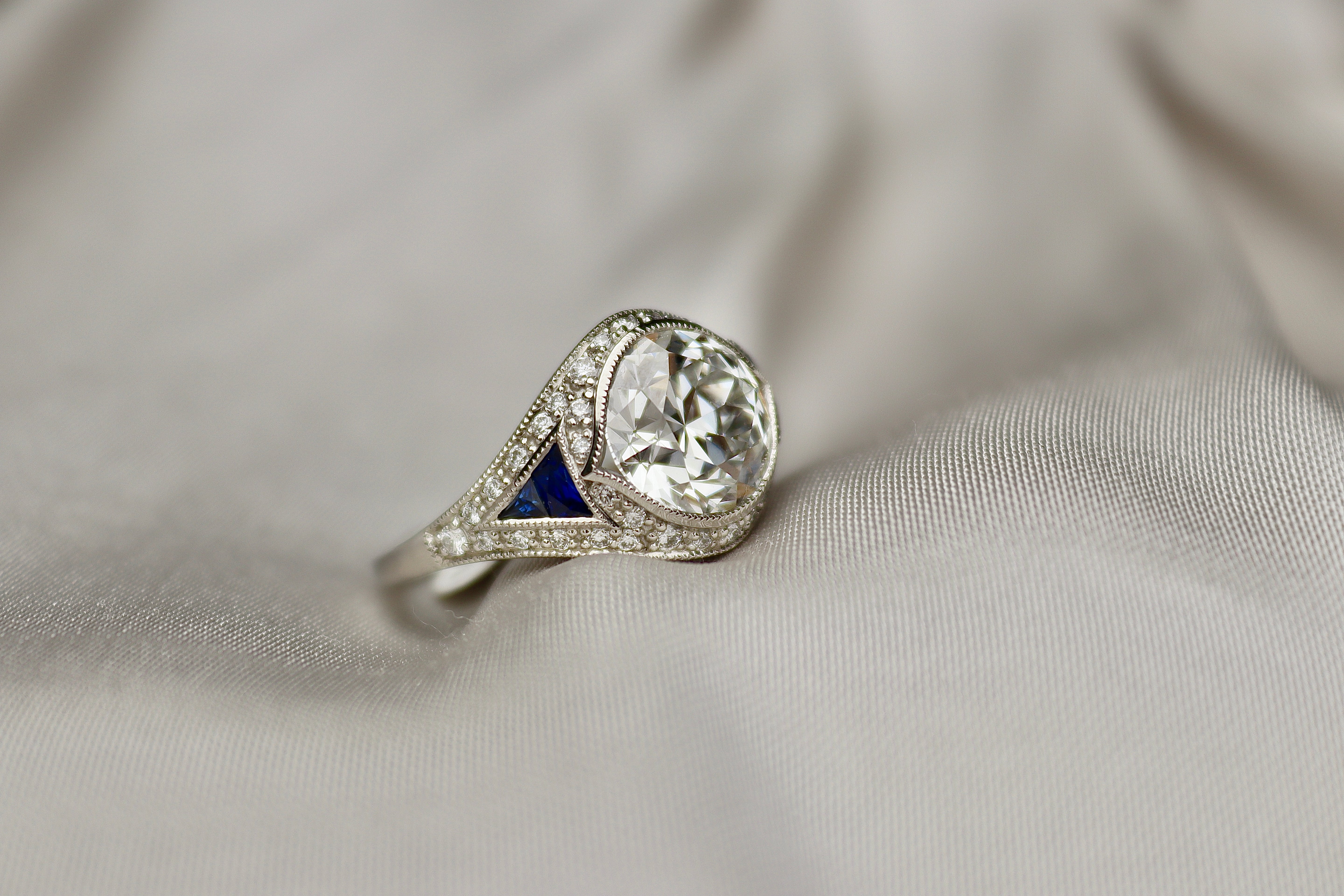 Platinum Lab Grown Old Cut Diamond and Sapphire Art Deco Style Ring