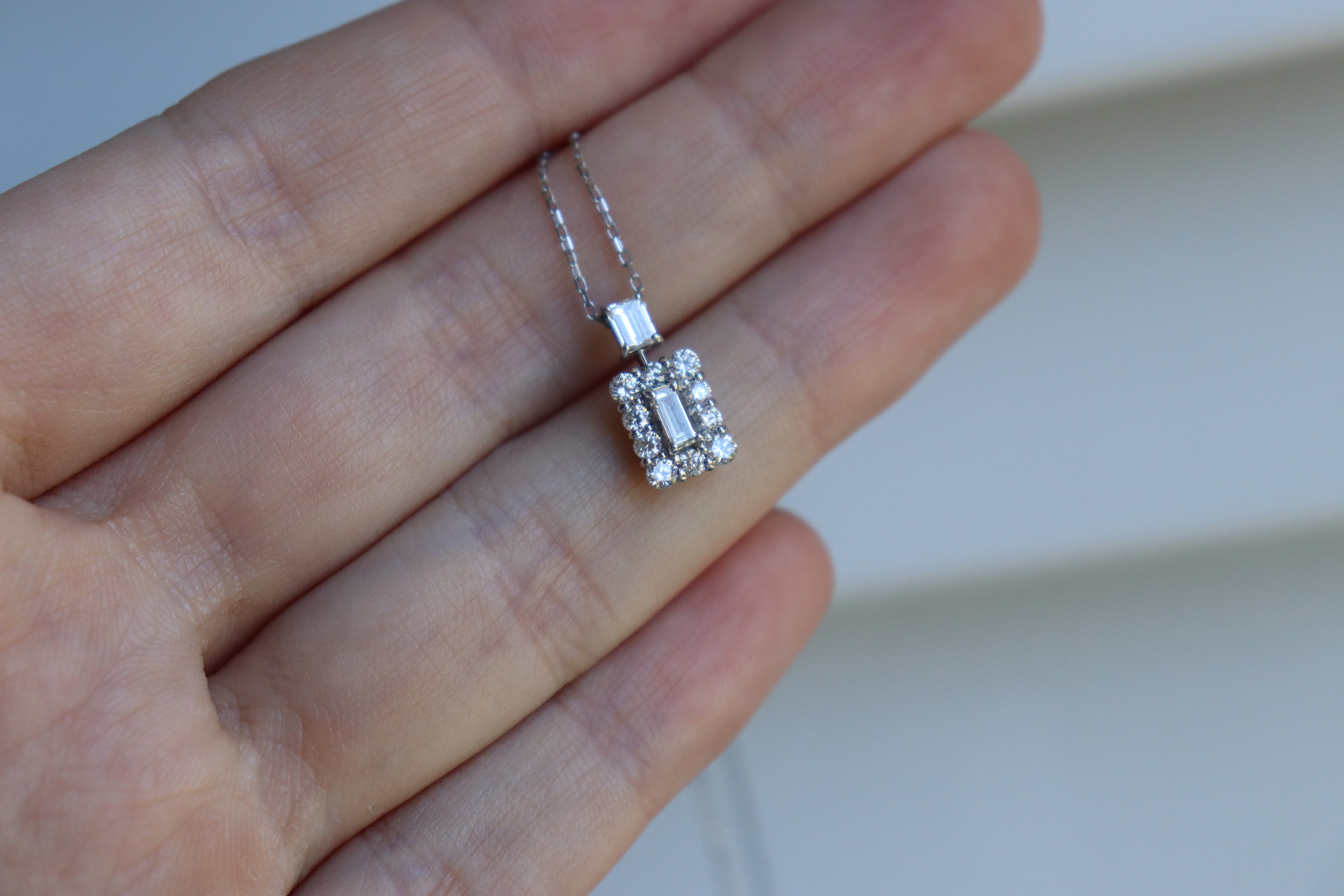 Platinum Baguette Diamond Halo Necklace