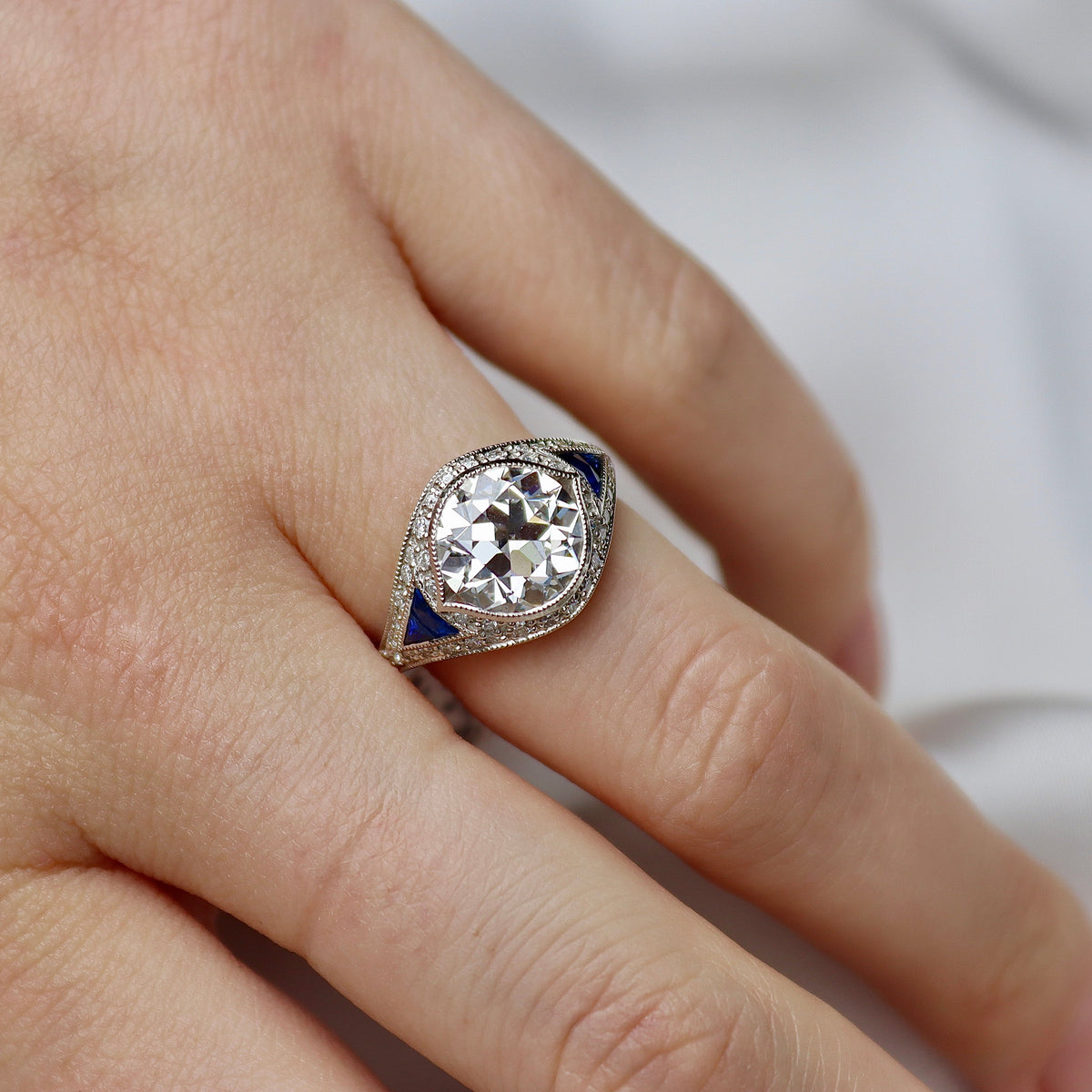 Platinum Lab Grown Old Cut Diamond and Sapphire Art Deco Style Ring