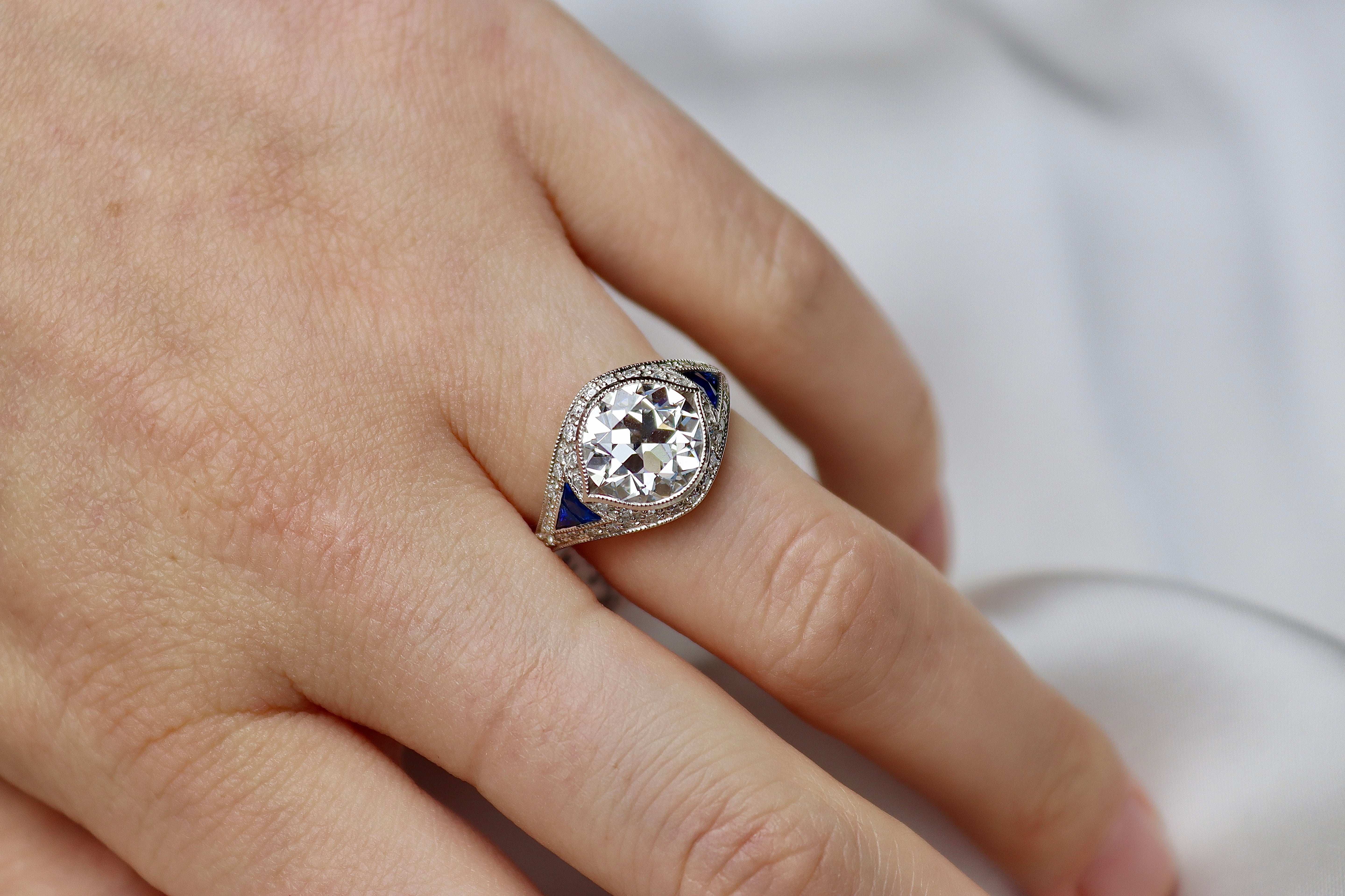 Platinum Lab Grown Old Cut Diamond and Sapphire Art Deco Style Ring