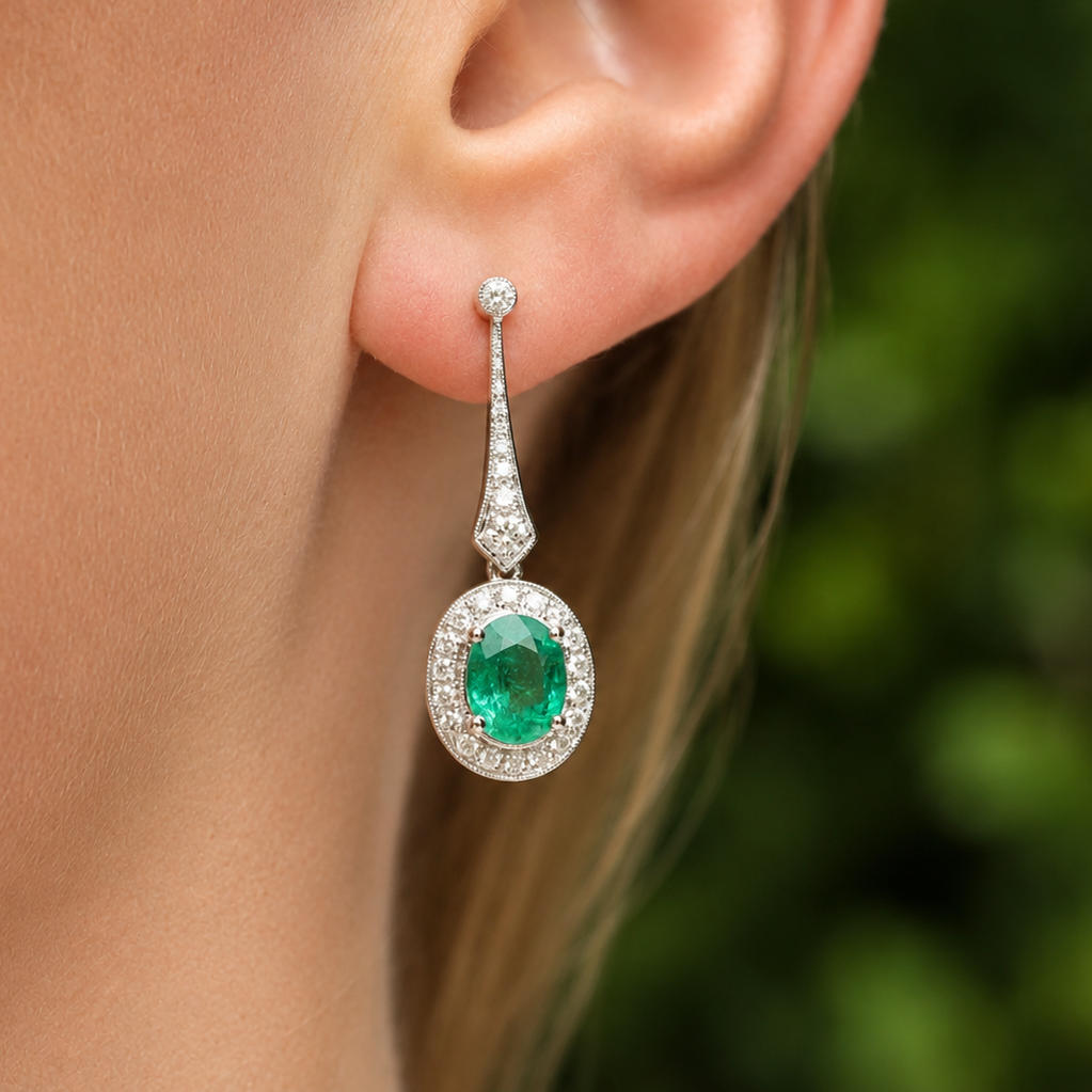 18ct White Gold Emerald and Diamond Art Deco Style Earrings