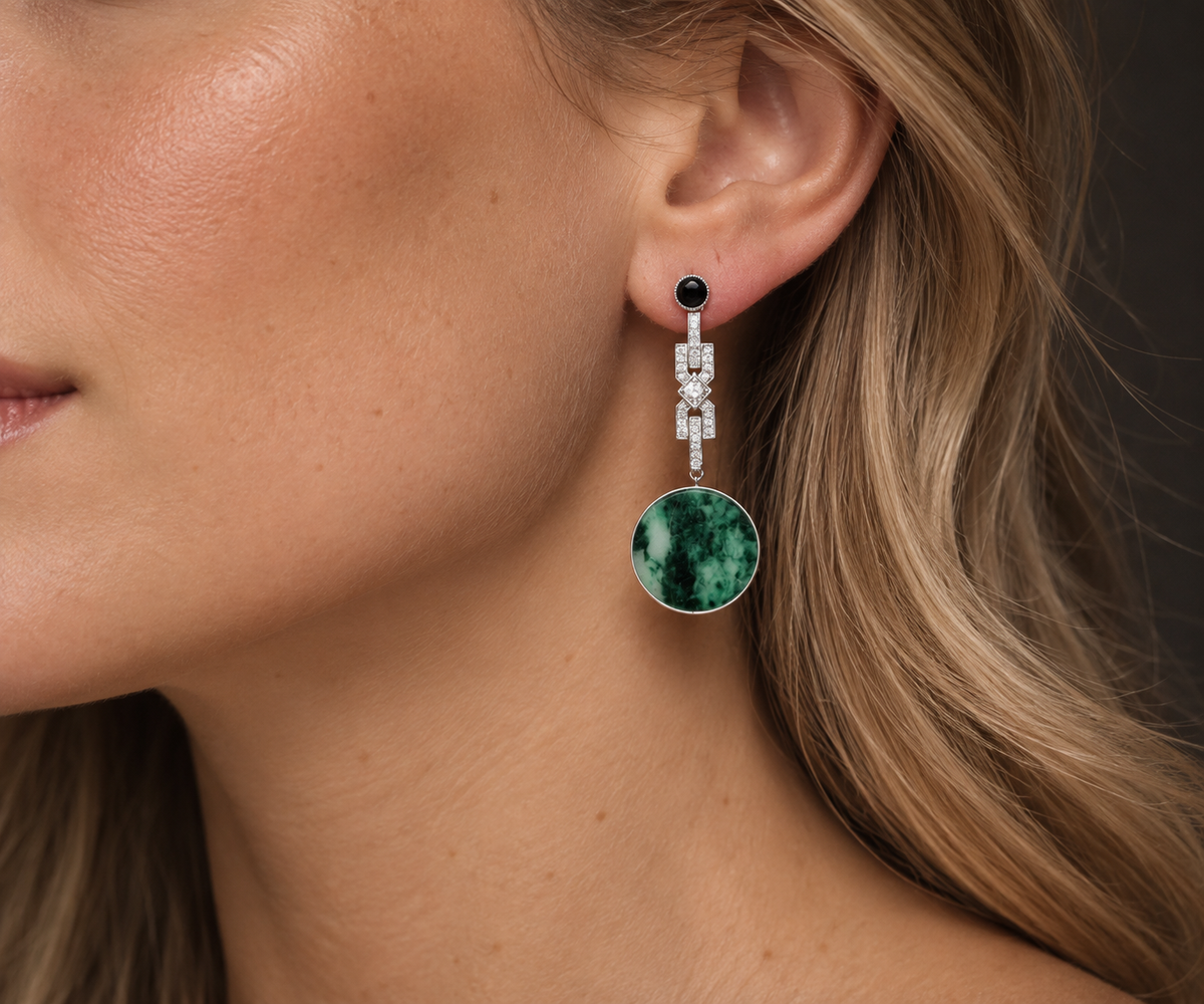 14ct White Gold Art Deco Style Jade, Onyx and Diamond Drop Earrings