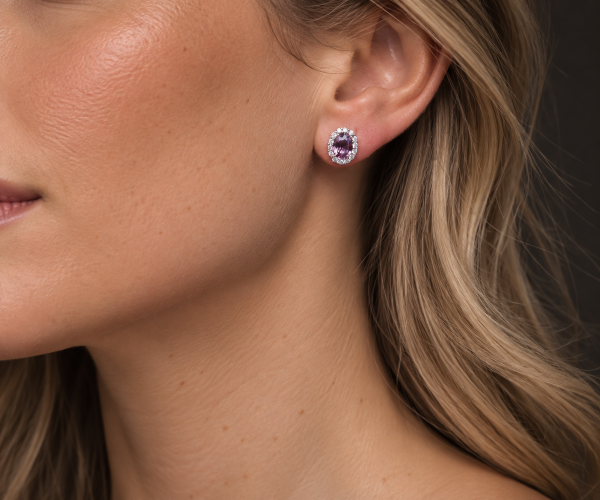 18ct White Gold Pink Sapphire and Diamond Halo Stud Earrings