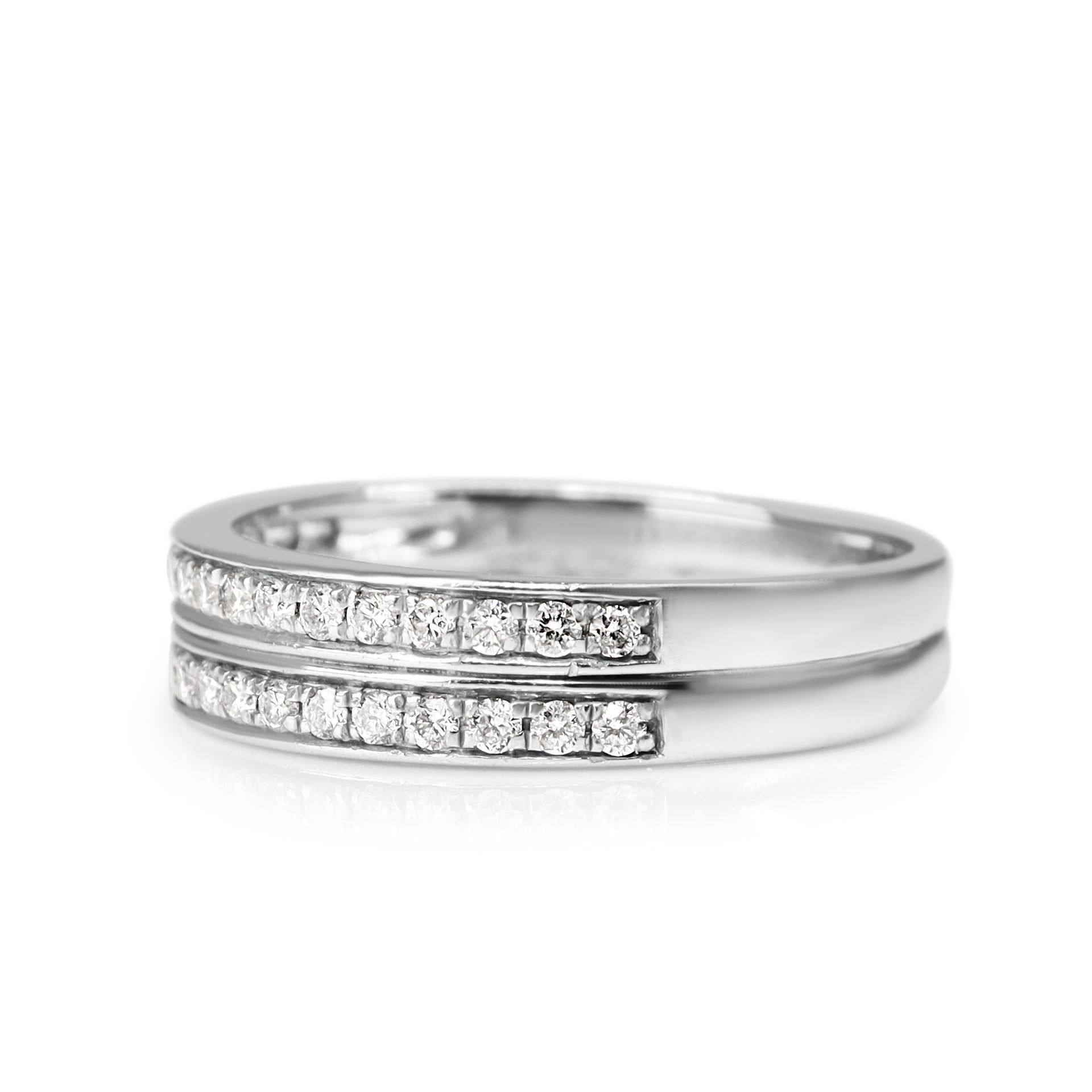 Angled view of a white gold double row diamond wedding ring with .35ct total diamond weight