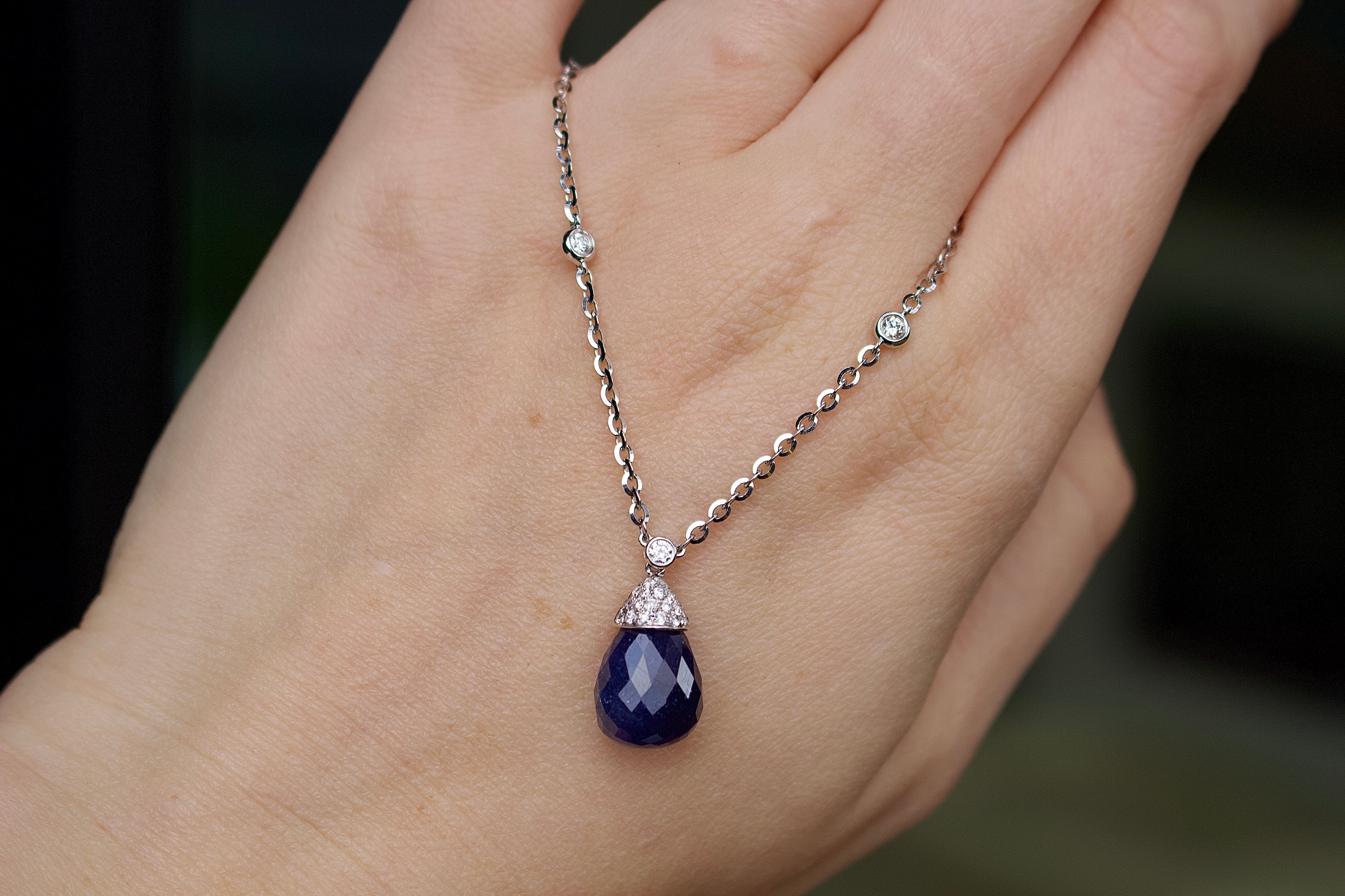 18ct White Gold Briolette Sapphire and Pavé Diamond Necklace