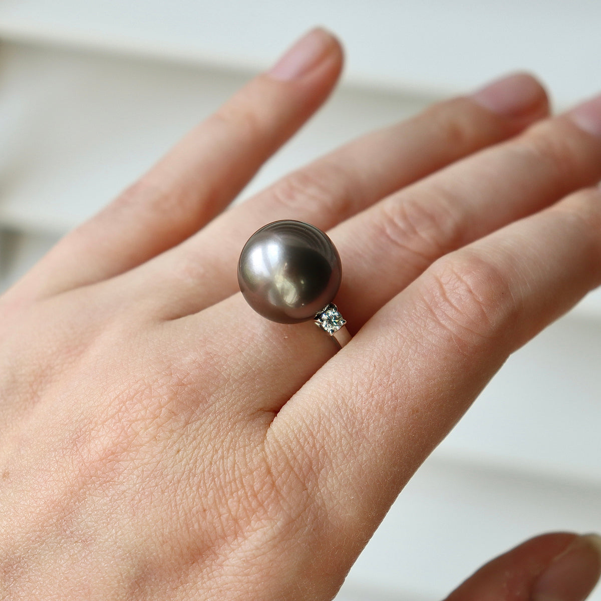 Platinum Tahitian 15.3 mm Pearl and Diamond Ring