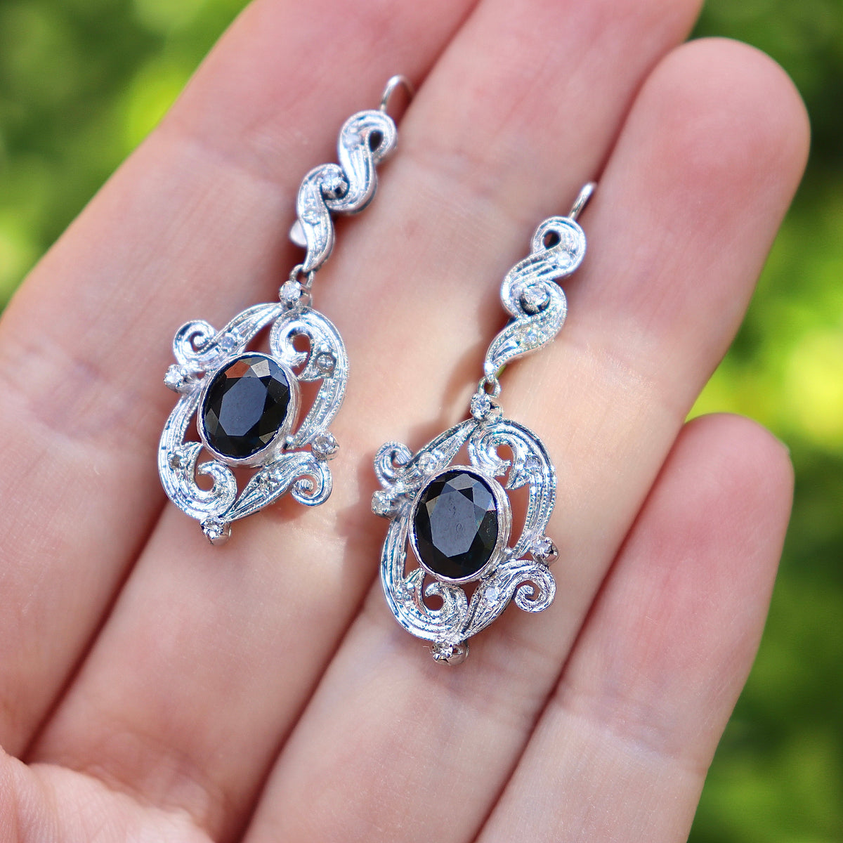 Palladium Sapphire and Single Cut Diamond Vintage Earrings
