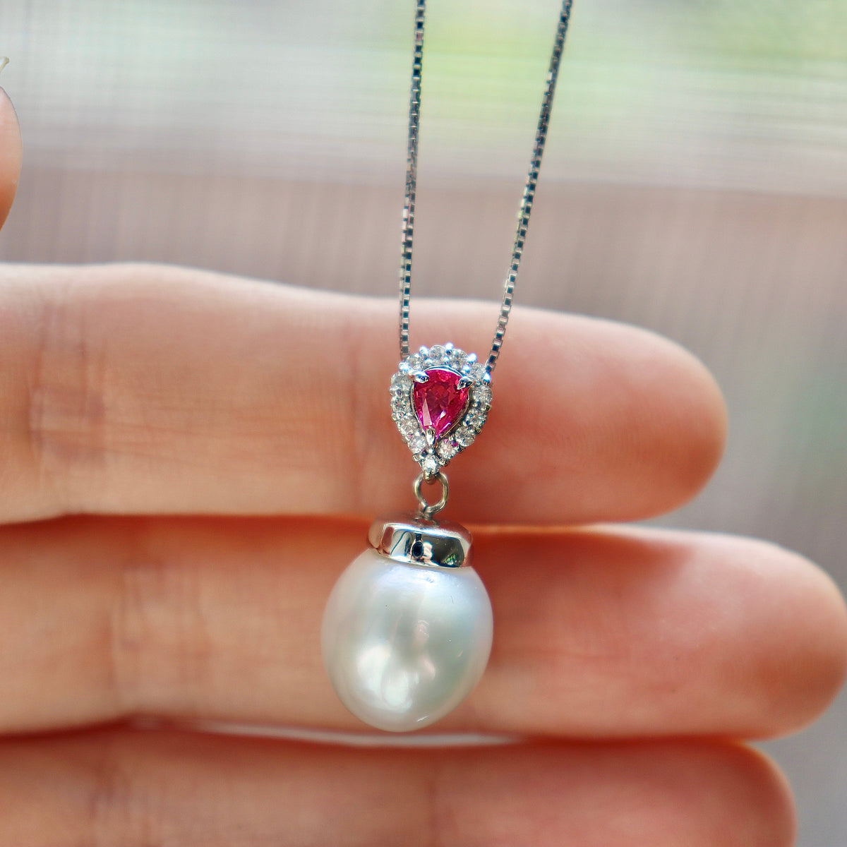 18ct White Gold Ruby, Diamond and South Sea 12mm Pearl Necklace