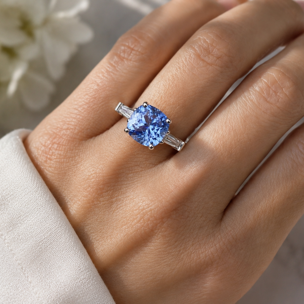 Platinum 5.26ct Cushion Sapphire and Tapered Baguette Diamond 3 Stone Ring