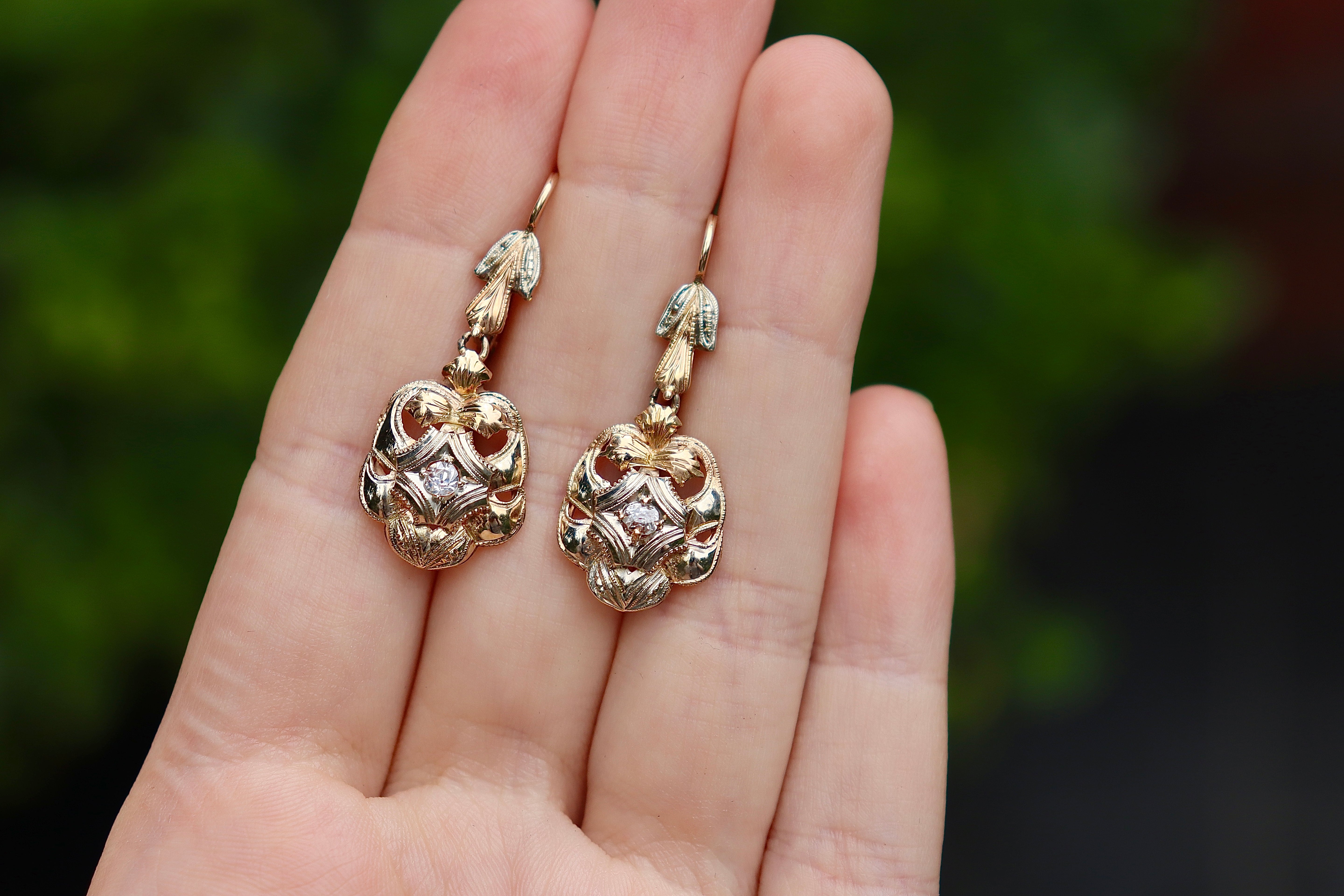 14ct 3 Tone Antique Old Cut Diamond Drop Earrings