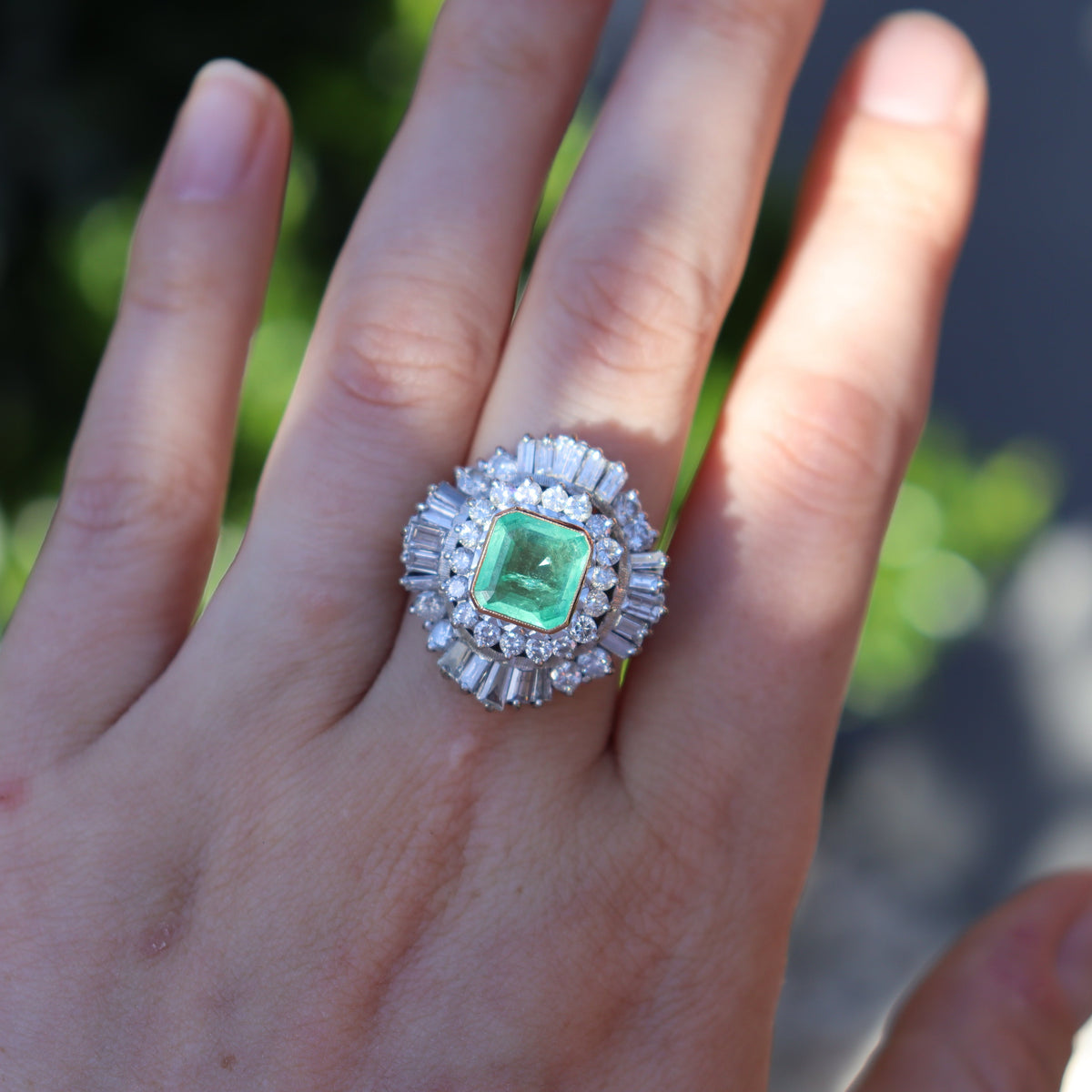 18ct White and Yellow Gold Emerald and Diamond Ballerina Ring