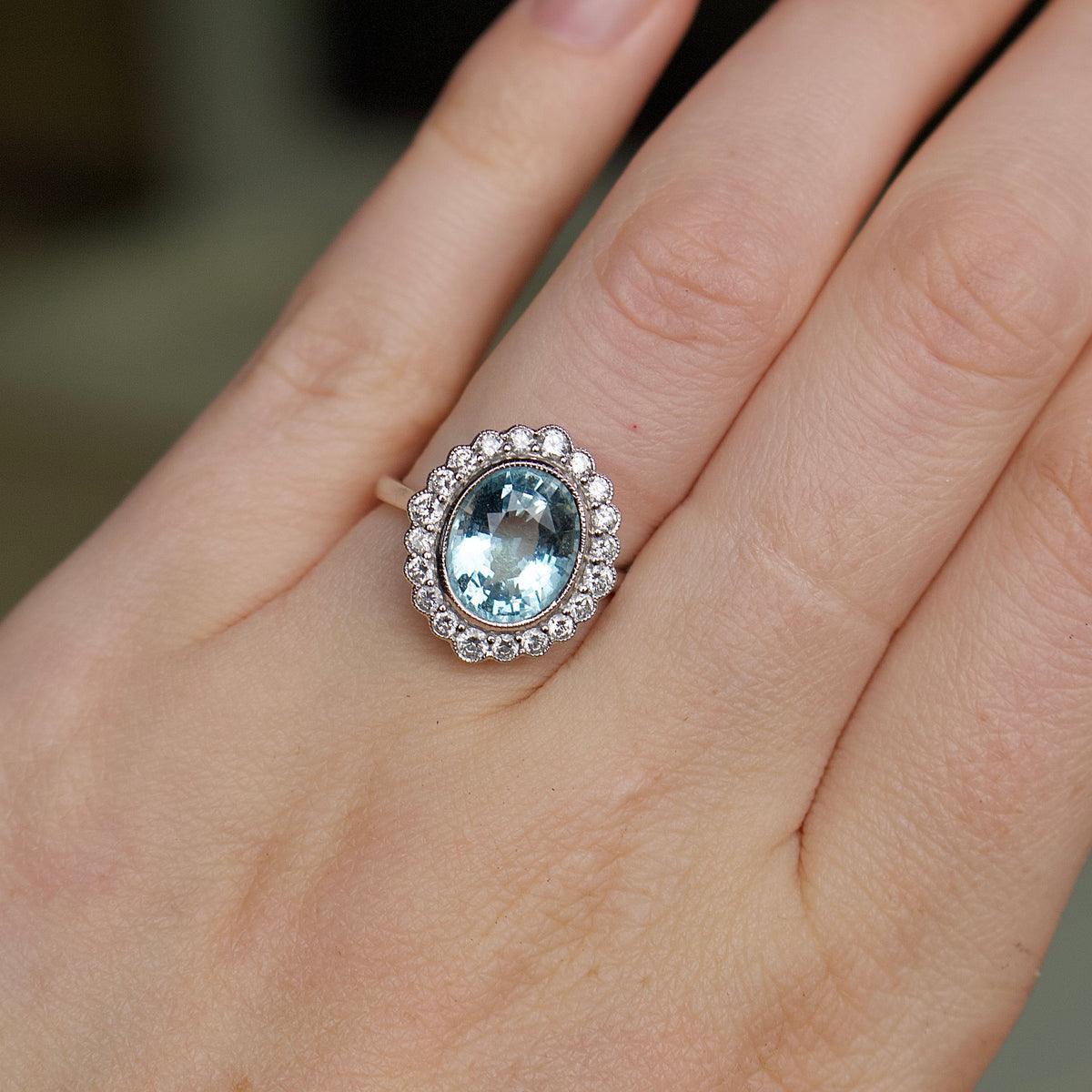 18ct White Gold Aquamarine and Diamond Daisy Ring