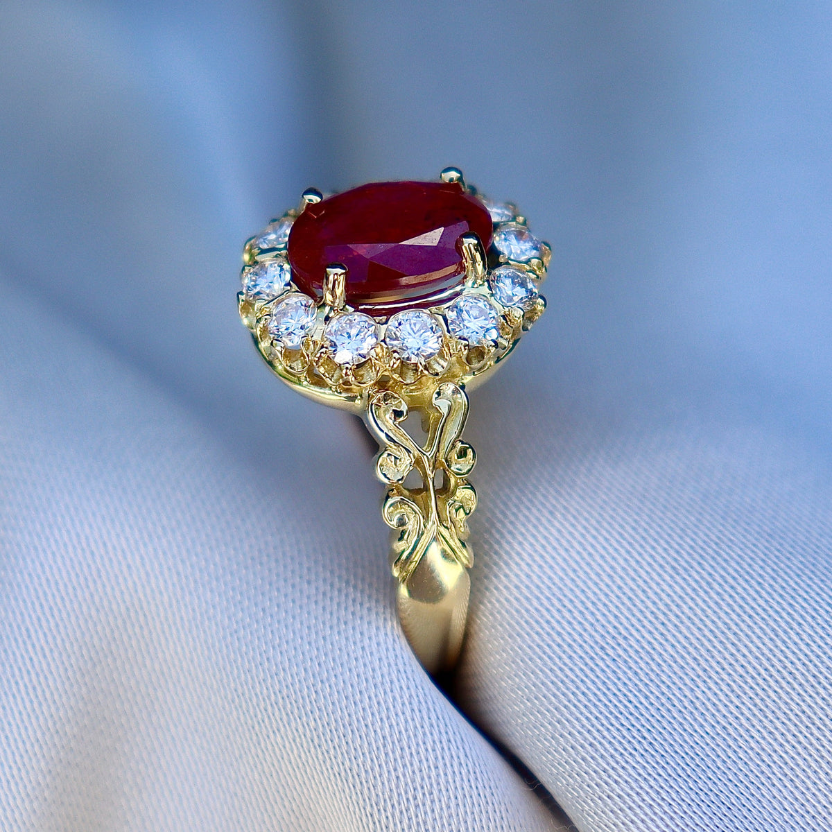 18ct Yellow Gold Antique Style Ruby and Diamond Halo Cluster Ring