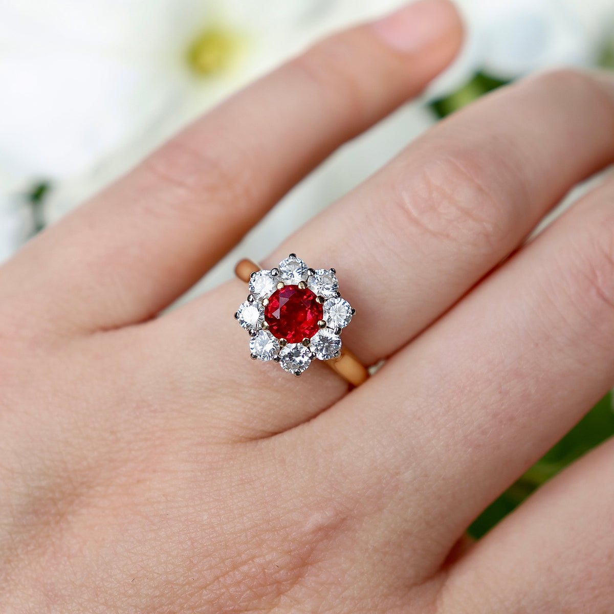 18ct Yellow Gold Ruby and Diamond Halo Cluster Ring