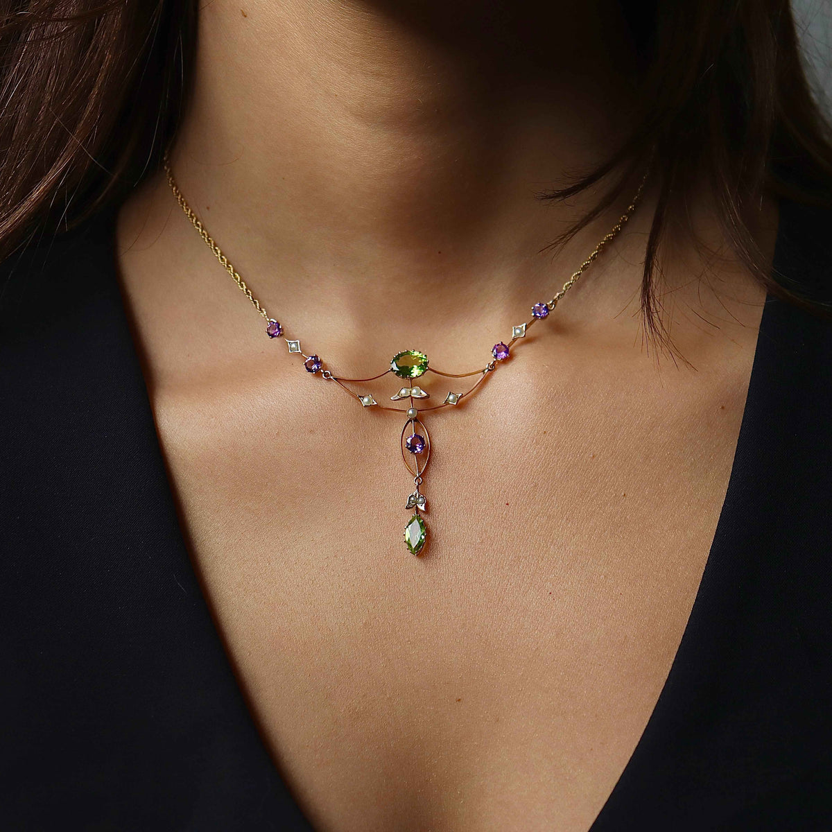 15ct Yellow Gold Antique Peridot, Pearl and Amethyst Suffragette Necklace