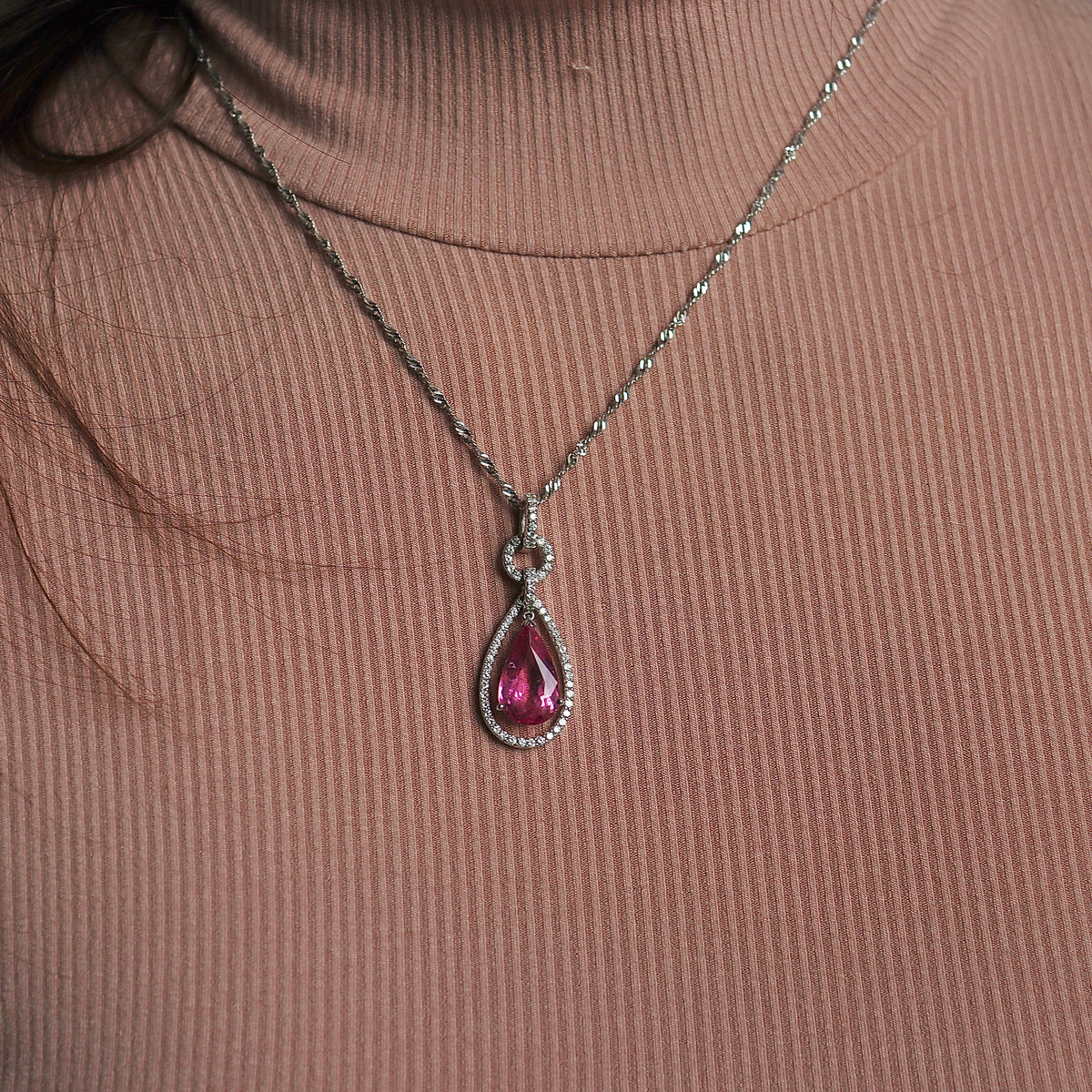 18ct White Gold Pink Tourmaline and Diamond Drop Halo Necklace