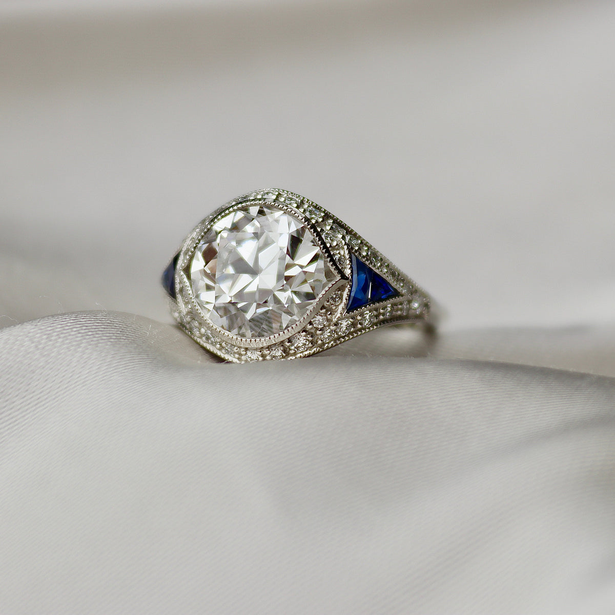 Platinum Lab Grown Old Cut Diamond and Sapphire Art Deco Style Ring