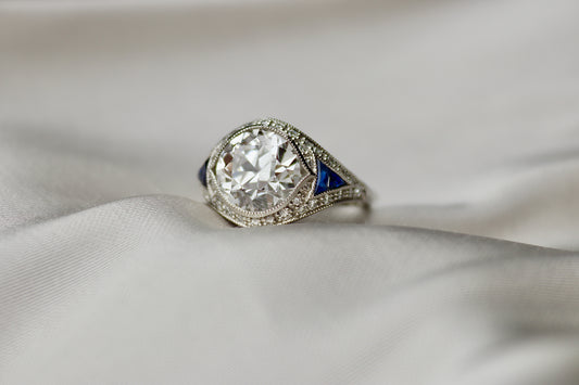 Platinum Lab Grown Old Cut Diamond and Sapphire Art Deco Style Ring