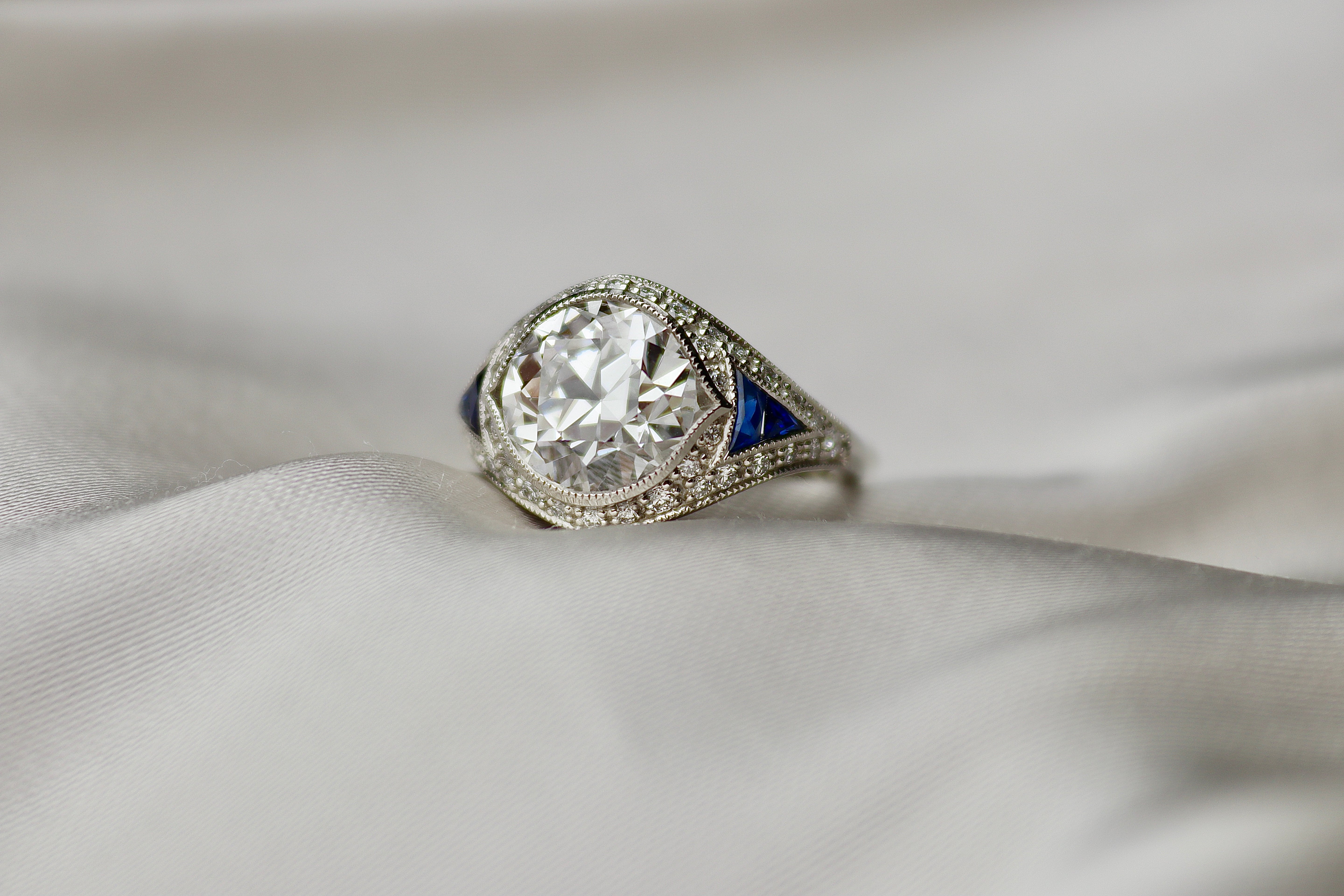 Platinum Lab Grown Old Cut Diamond and Sapphire Art Deco Style Ring