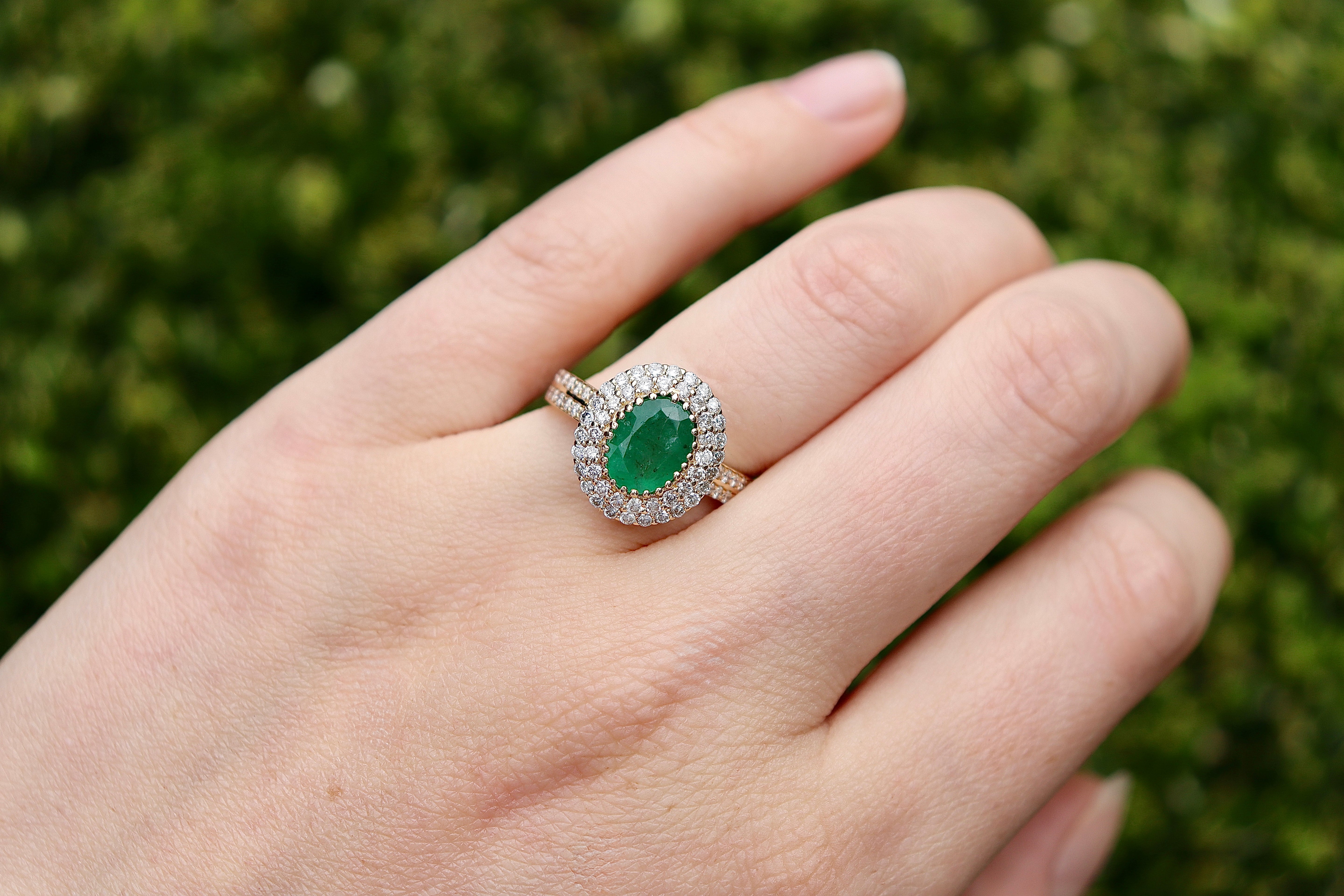 18ct Yellow Gold Emerald and Double Diamond Halo Ring