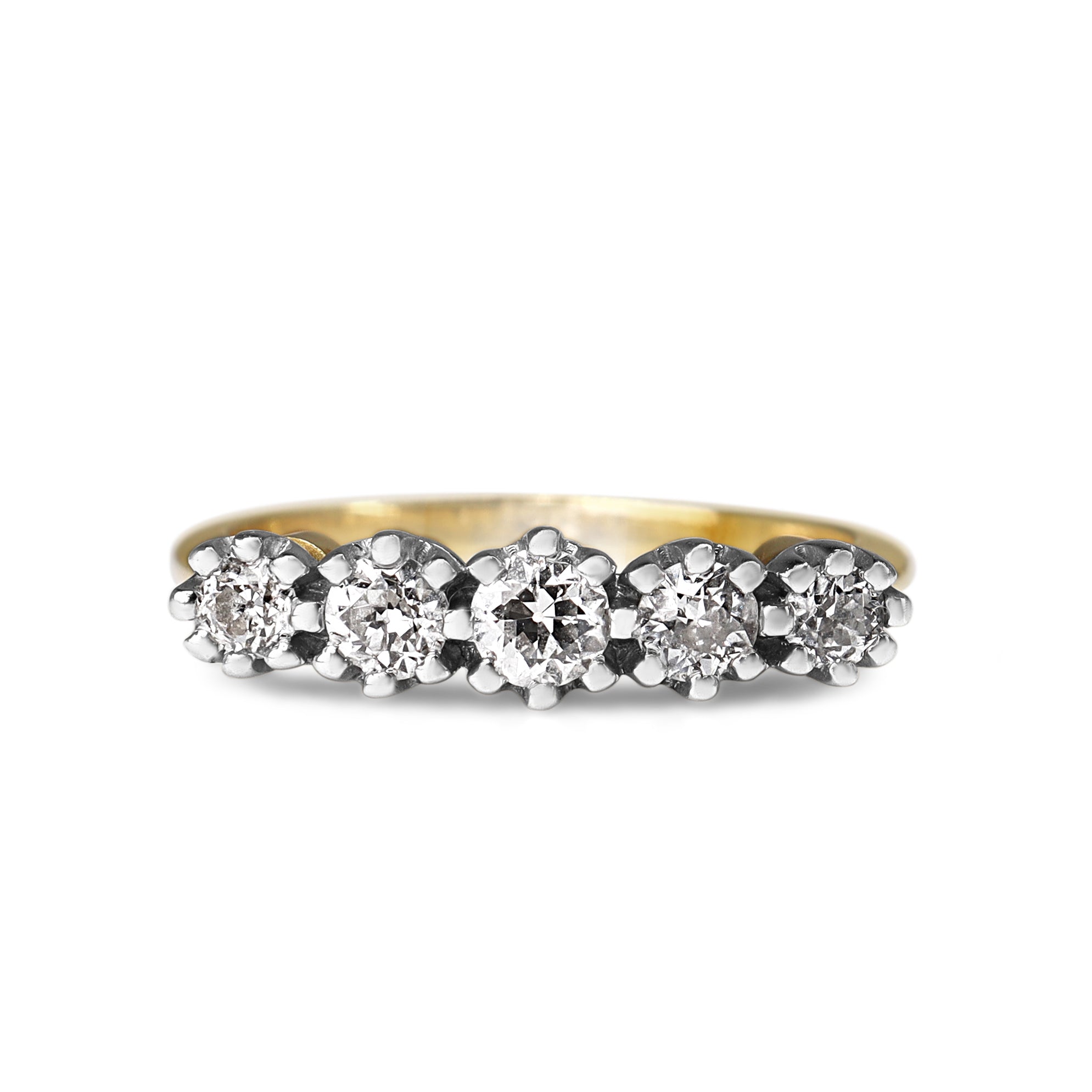 Vintage old cut five stone diamond ring in 18ct yellow and white gold with .70ct total diamond weight