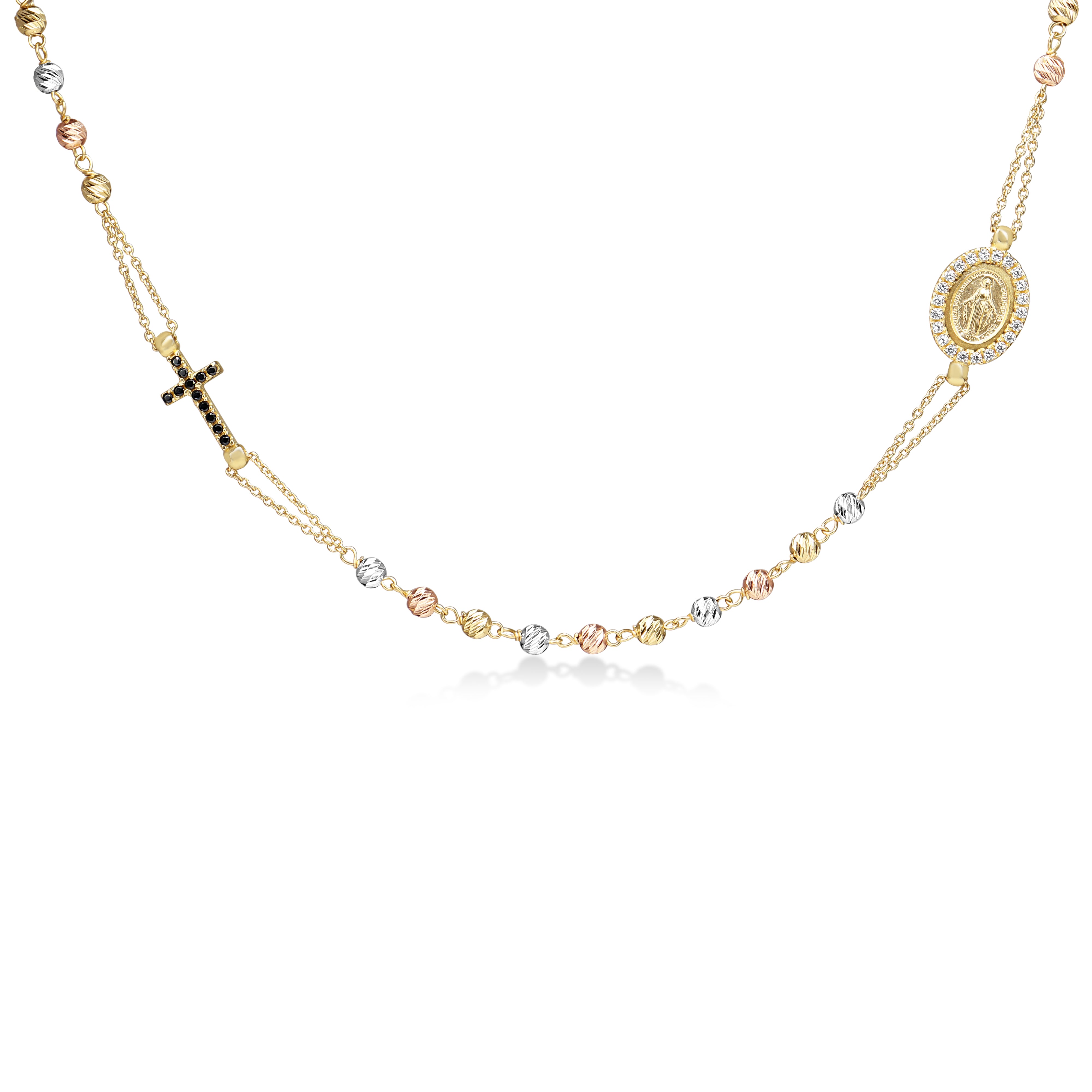 18ct Yellow, Rose and White Rosary Bead Necklace With Sapphires and Diamonds