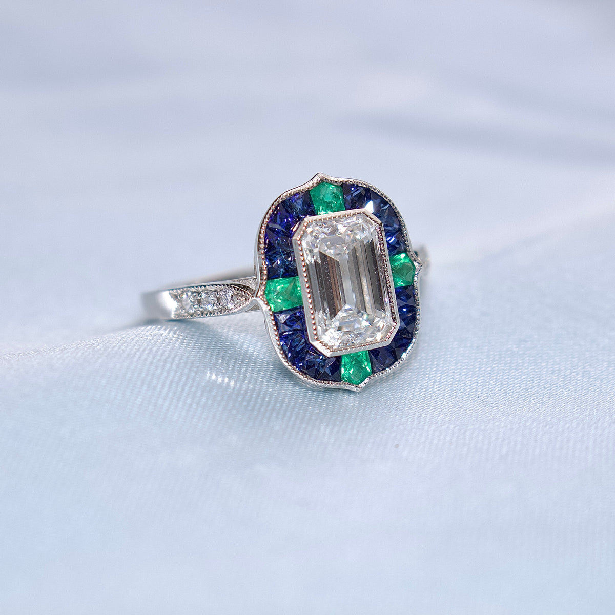 Platinum Lab Grown Emerald Cut Diamond and Sapphire and Emerald Art Deco Style Halo Ring